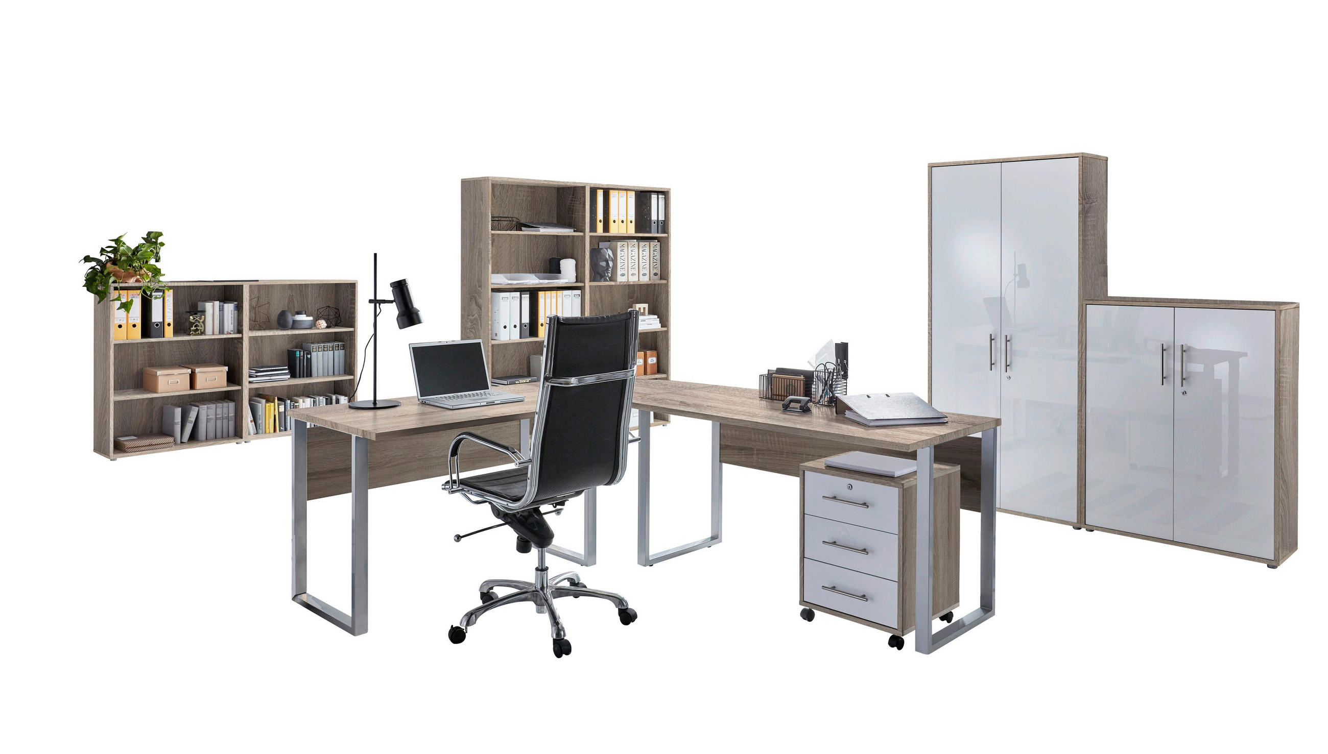 BÜRO - Weiß Hochglanz/Sonoma Eiche, MODERN, Holzwerkstoff/Metall - MID.YOU