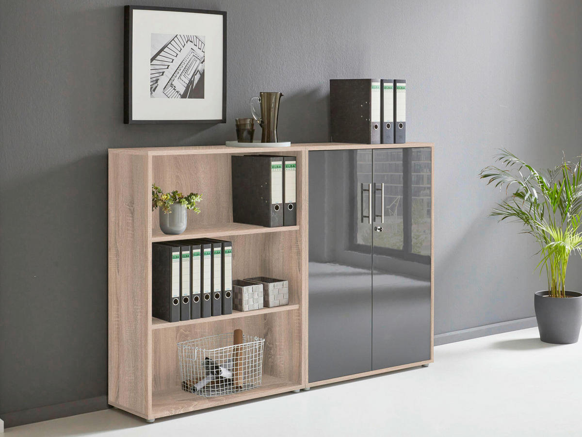 BÜRO erweiterbar, abschließbar Sonoma Eiche, Anthrazit Hochglanz - Anthrazit Hochglanz/Sonoma Eiche, MODERN, Holzwerkstoff/Metall - MID.YOU