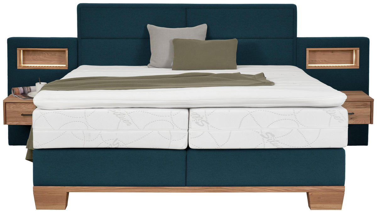 BOXSPRINGBETT 180/200 cm,  in Eichefarben, Blau, Matratze, Topper, H3 = fest  - Blau/Eichefarben, Natur, Holz/Textil (180/200cm) - Valnatura