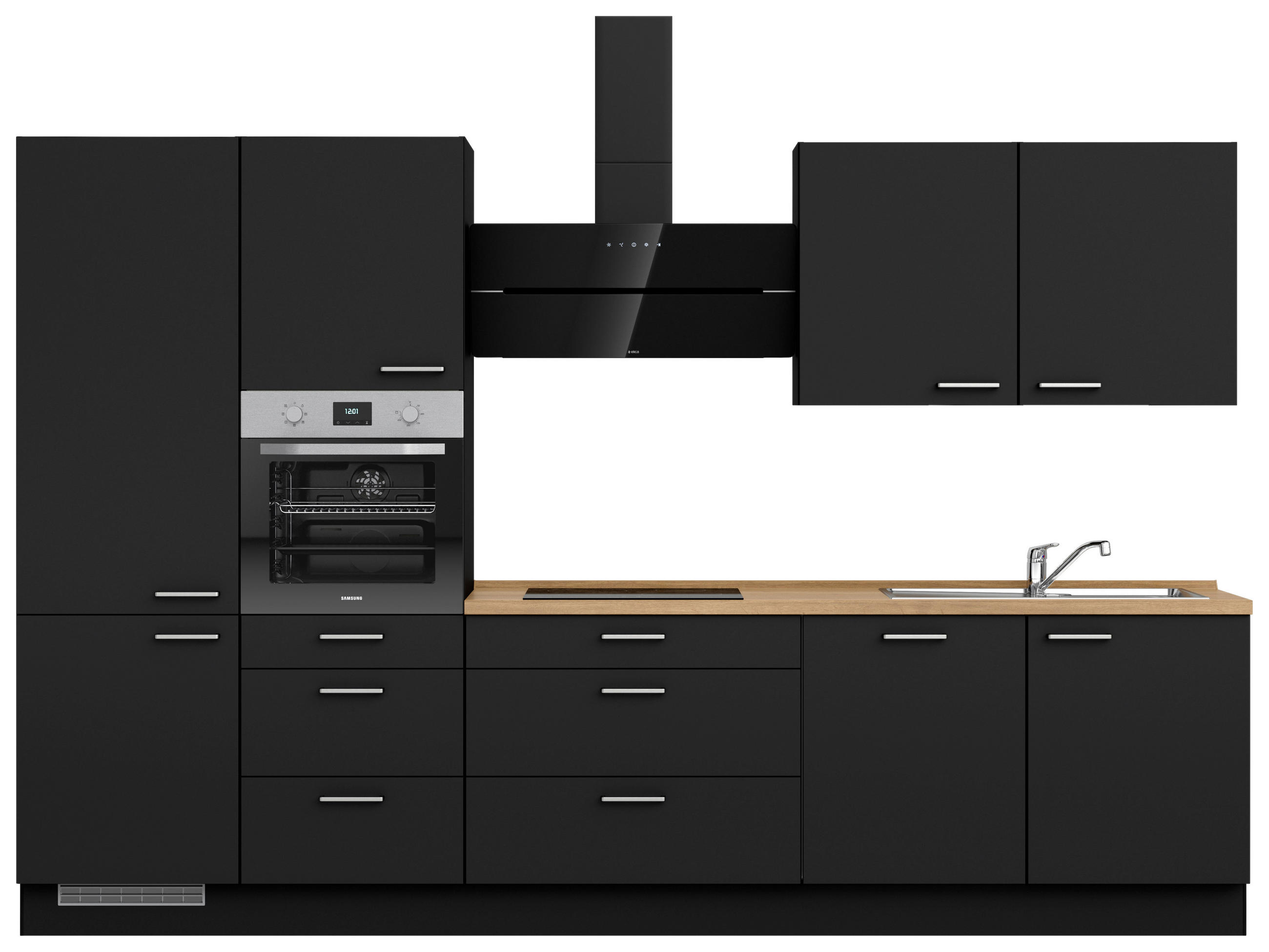 KÜCHENBLOCK 330 cm   in Schwarz, Eichefarben  - Edelstahlfarben/Eichefarben, MODERN, Holzwerkstoff/Metall (330cm) - Nobilia
