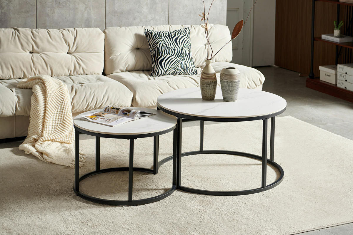 SADA KONFERENČNÍCH STOLKŮ, černá, bílá, kov, keramika, 80/60/46/40/80/60 cm - bílá/černá, Design, kov/keramika (80/60/46/40/80/60cm) - Livetastic