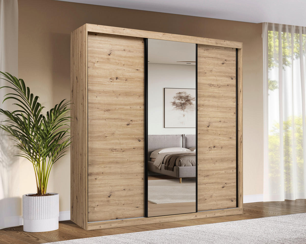 SCHIEBETÜRENSCHRANK 200/215/59,5 cm 3-türig Eiche Artisan  - Schwarz/Eiche Artisan, MODERN, Holzwerkstoff/Metall (200/215/59,5cm) - MID.YOU