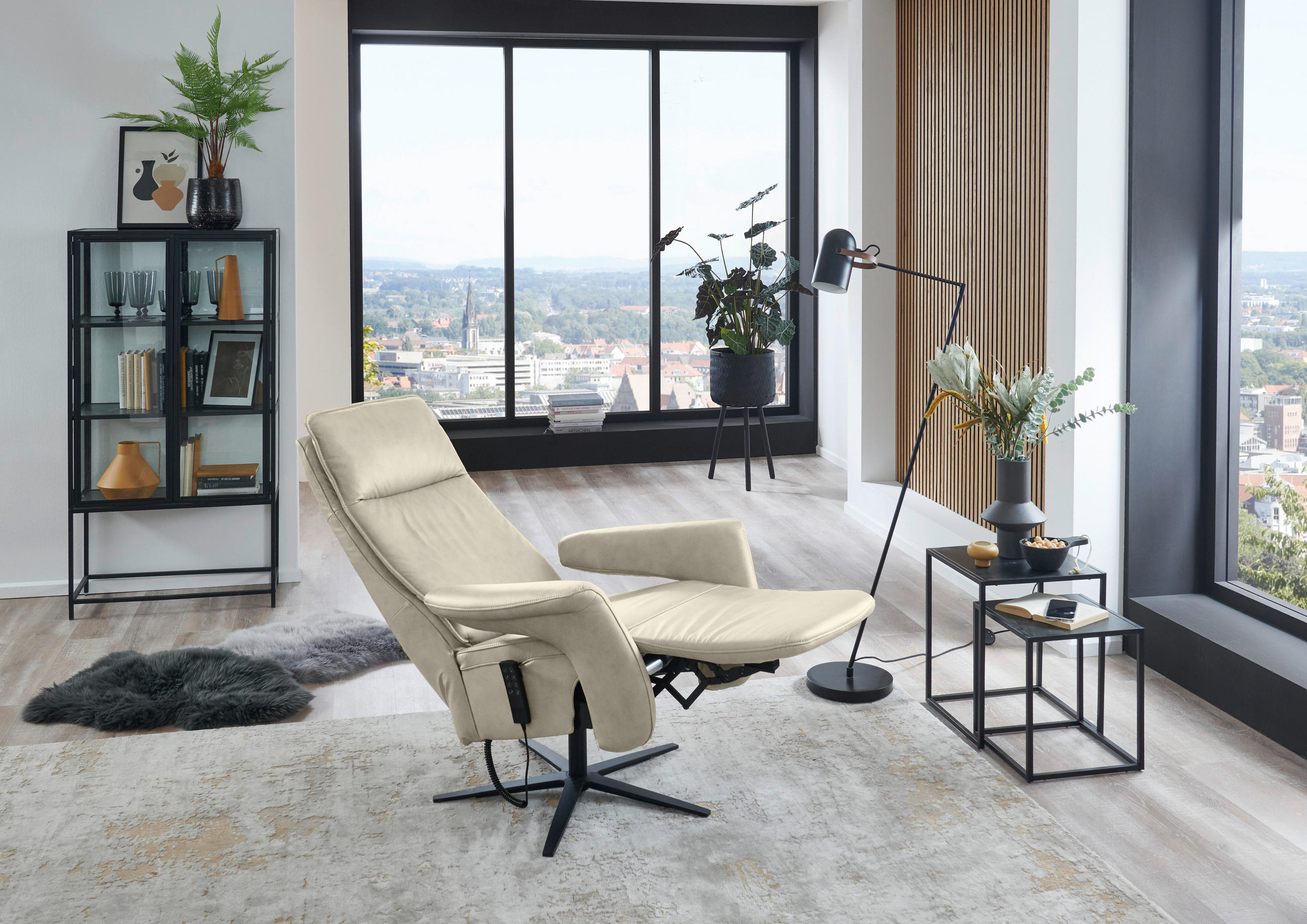RELAXSESSEL in Leder Ecru  - Ecru/Schwarz, Design, Leder/Metall (83/123/87cm) - Valdera