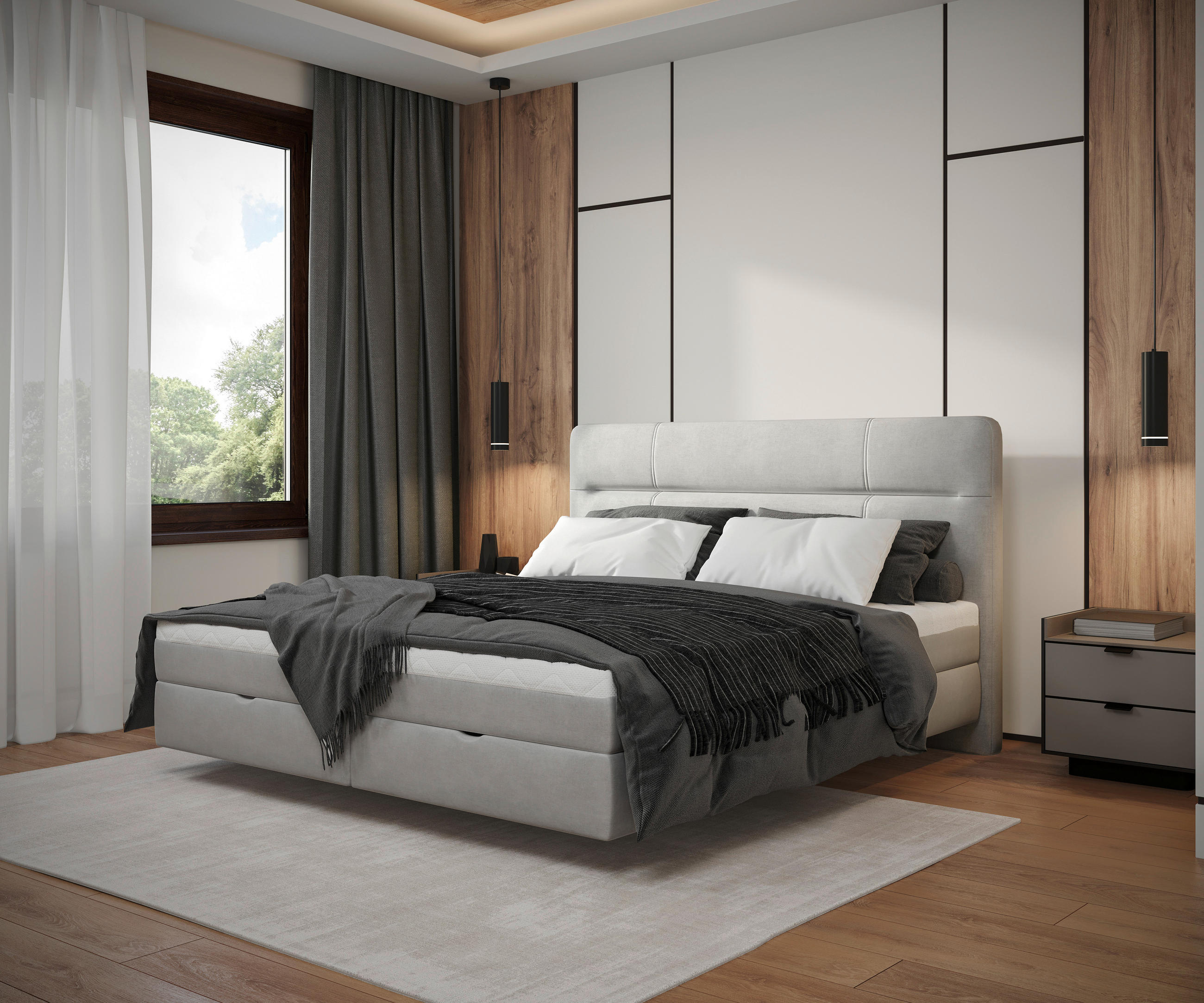 BOXBETT 160/200 cm,  in Hellgrau, gepolstertes Kopfteil, Bettkasten, H3 + H3 = fest  - Hellgrau, MODERN, Holz/Textil (160/200cm) - MID.YOU