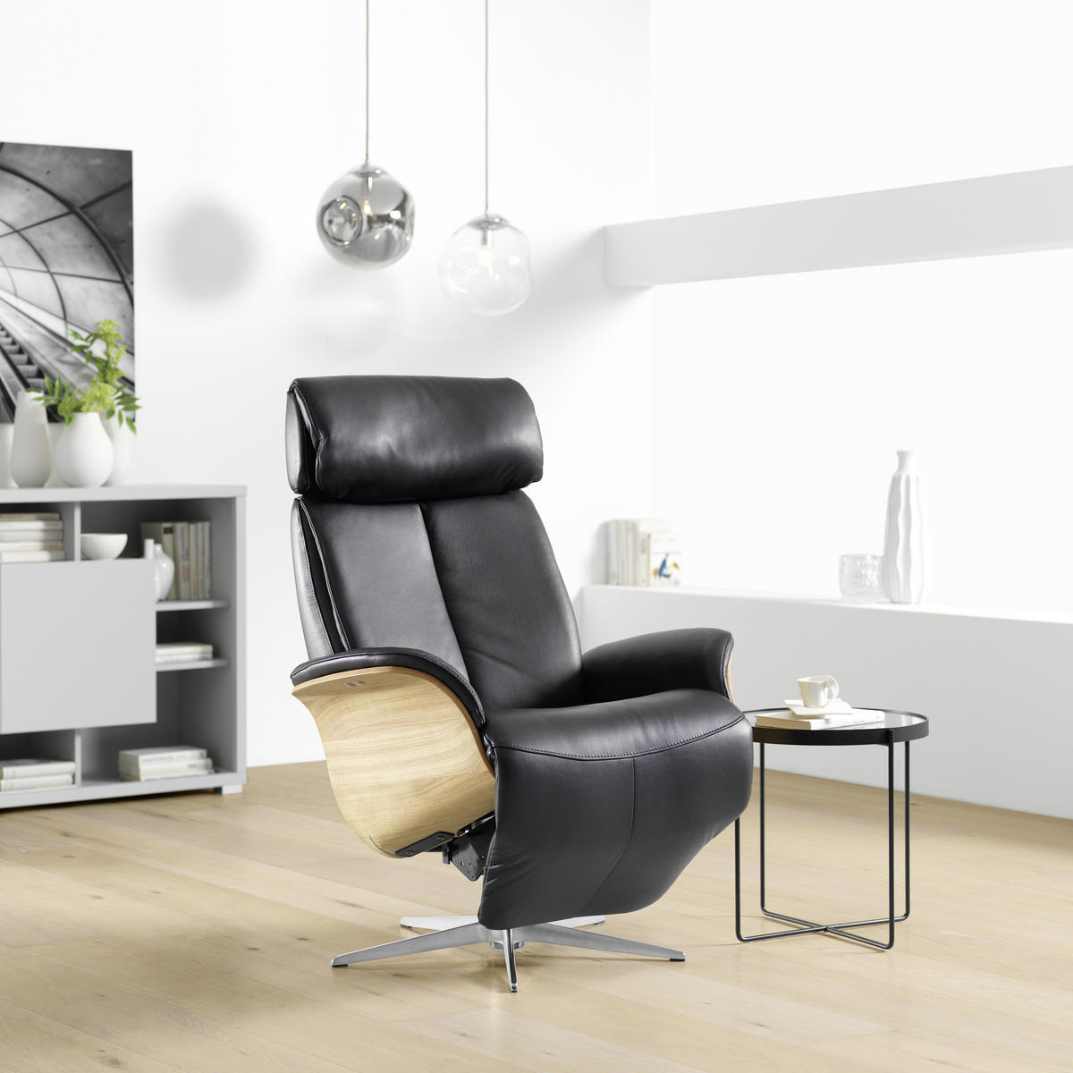 RELAXAČNÍ KŘESLO, kůže, černá - barvy dubu/barvy stříbra, Design, kov/dřevo (82/110-119/87cm) - Welnova