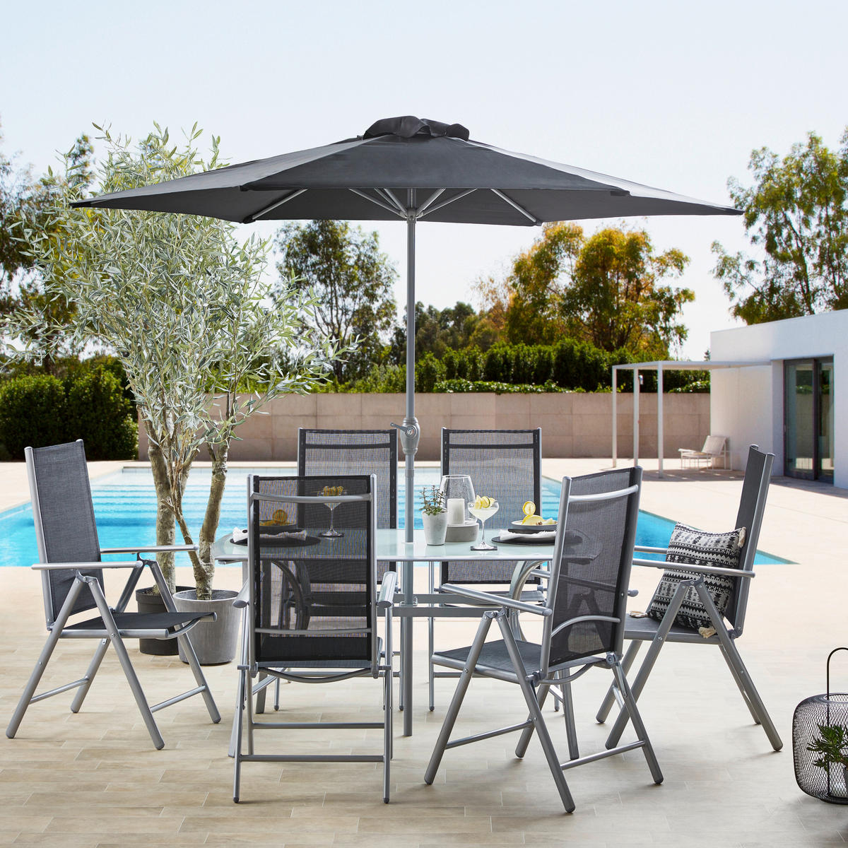 SÚPRAVA ZÁHRADNÉHO NÁBYTKU kov, plast, sklo, textil - antracitová/hliníková, Konventionell, kov/textil - Ambia Garden