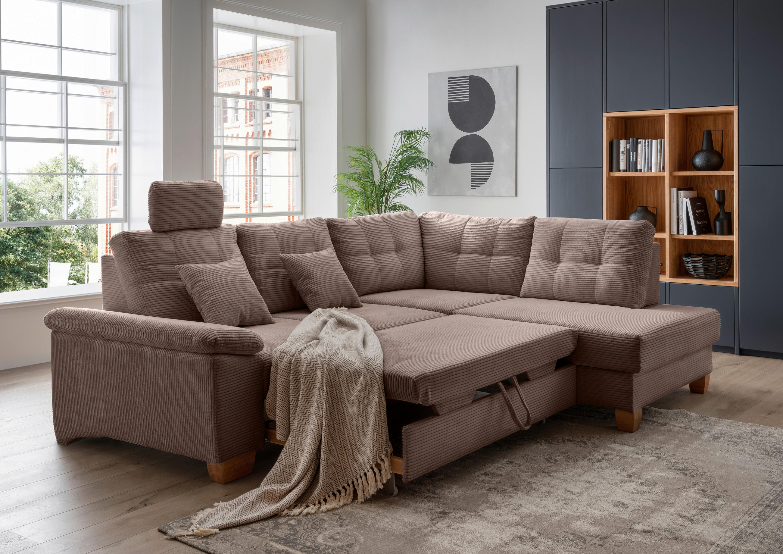 ECKSOFA in Cord Graubraun  - Graubraun/Naturfarben, Modern, Holz/Textil (274/206cm) - Livetastic