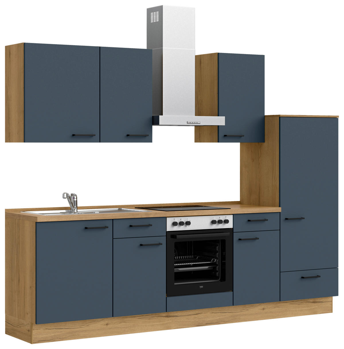 KÜCHENBLOCK Easytouch 270 cm  in Eichefarben, Dunkelblau  - Eichefarben/Schwarz, MODERN, Holzwerkstoff/Metall (270cm) - Nobilia