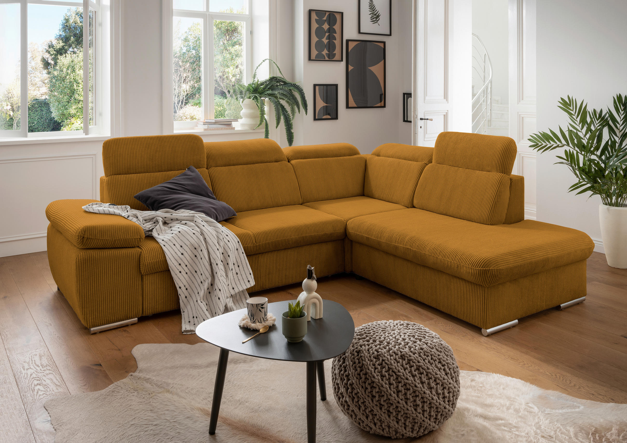 ECKSOFA in Cord Goldfarben  - Chromfarben/Goldfarben, Design, Textil/Metall (283/228cm) - Livetastic