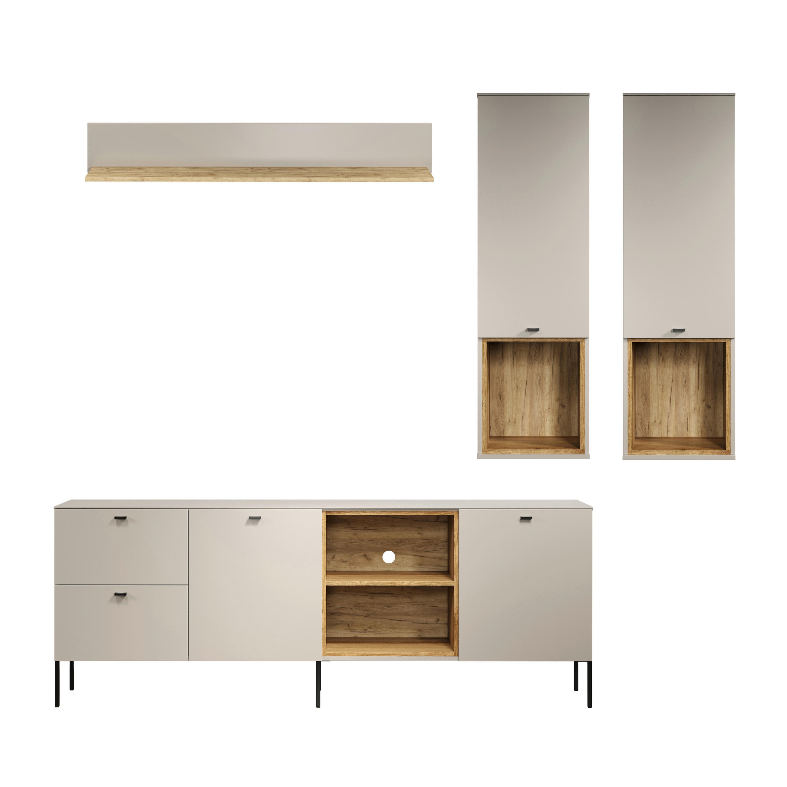WOHNWAND 4-teilig  in Eichefarben, Kaschmir  250/215/40 cm    - Kaschmir/Eichefarben, Basics, Holzwerkstoff/Metall (250/215/40cm) - MICROPLANE