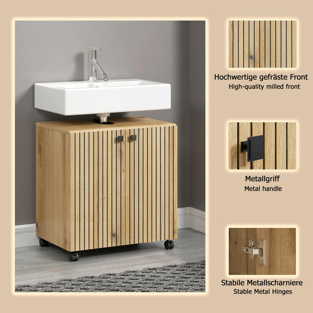 WASCHBECKENUNTERSCHRANK 60/64/42 cm  - Eichefarben/Schwarz, Trend, Holzwerkstoff/Kunststoff (60/64/42cm) - MID.YOU