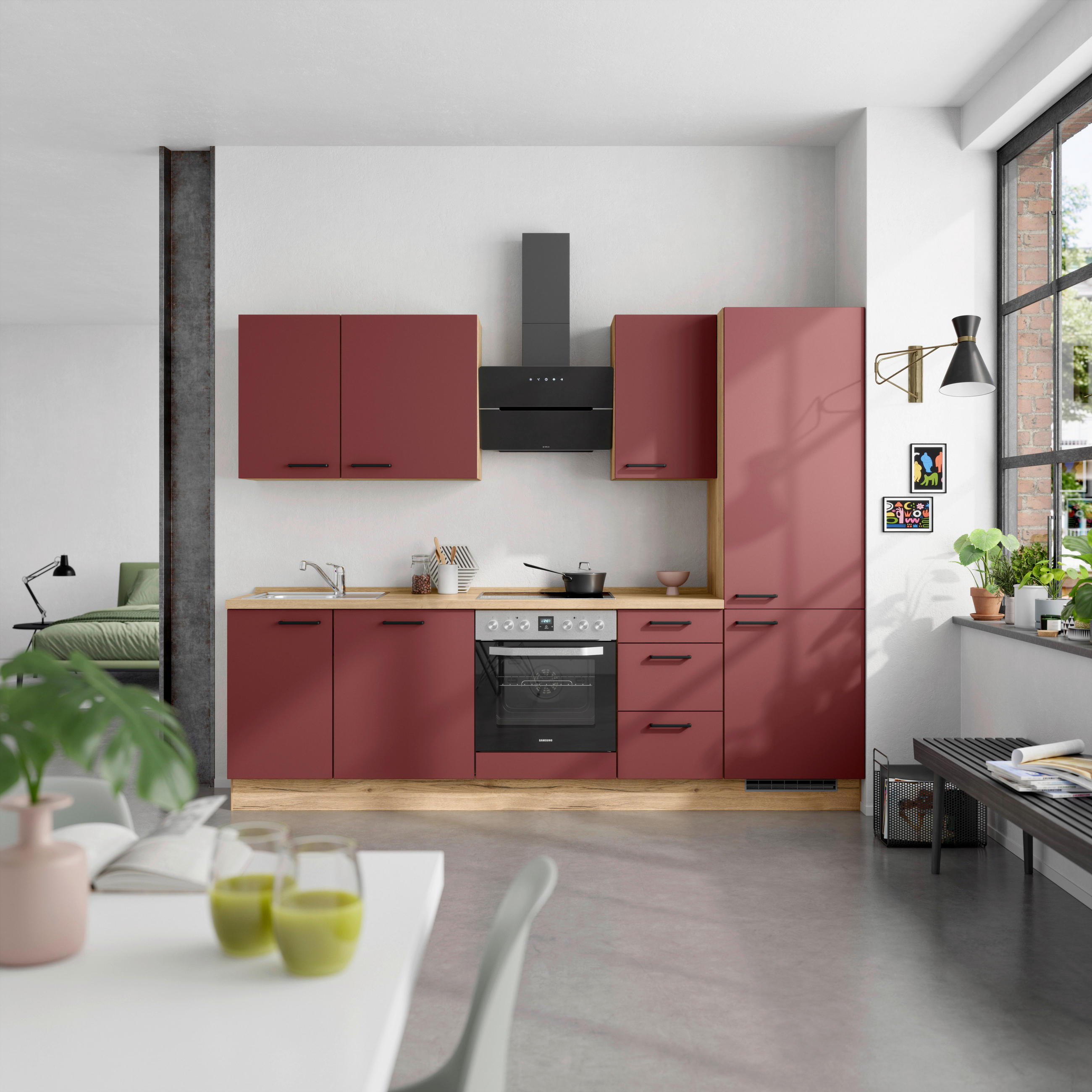 KÜCHENLEERBLOCK 270 cm   in Rot, Eichefarben  - Eichefarben/Rot, MODERN, Holzwerkstoff/Metall (270cm) - Nobilia