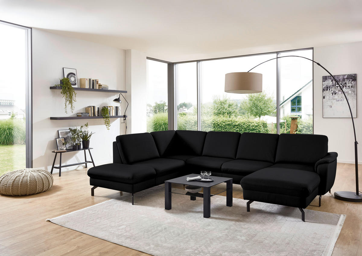 WOHNLANDSCHAFT Echtleder Schwarz  - Schwarz, Konventionell, Leder/Metall (224/306/168cm) - Beldomo Premium