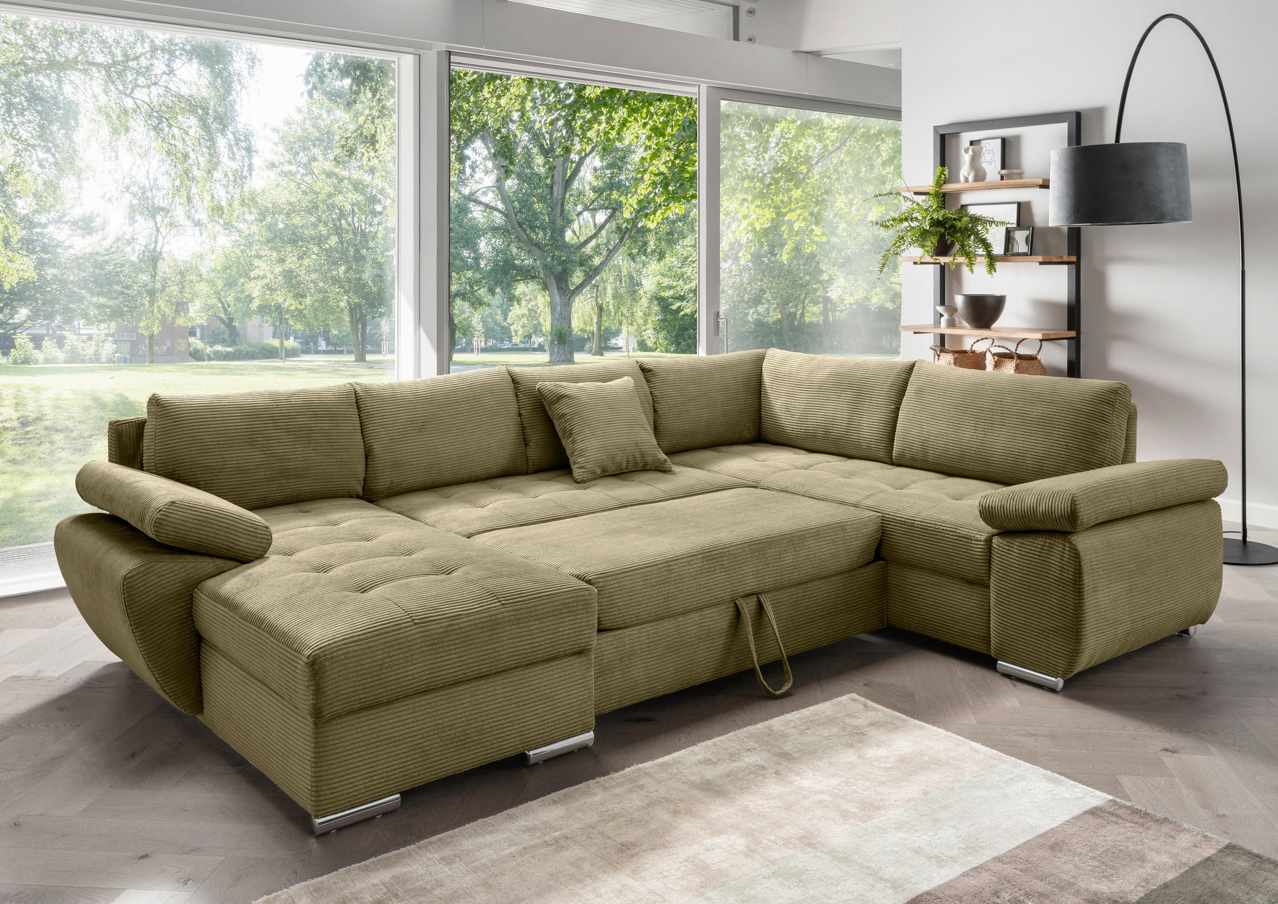WOHNLANDSCHAFT in Cord Olivgrün  - Chromfarben/Olivgrün, KONVENTIONELL, Textil/Metall (157/305/219cm) - Livetastic
