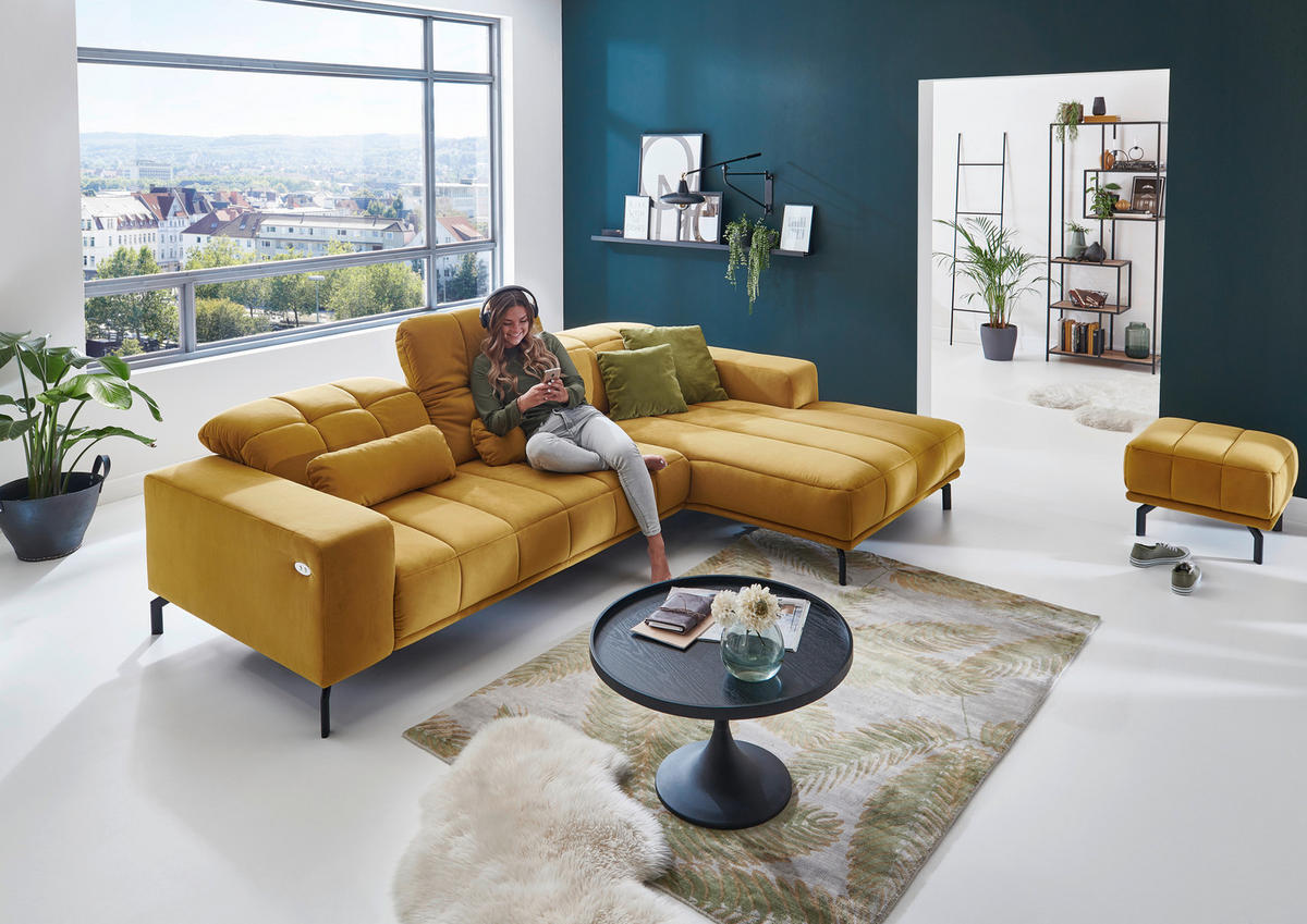 ECKSOFA in Velours Currygelb  - Currygelb/Schwarz, Design, Textil/Metall (195/293cm) - Beldomo Style