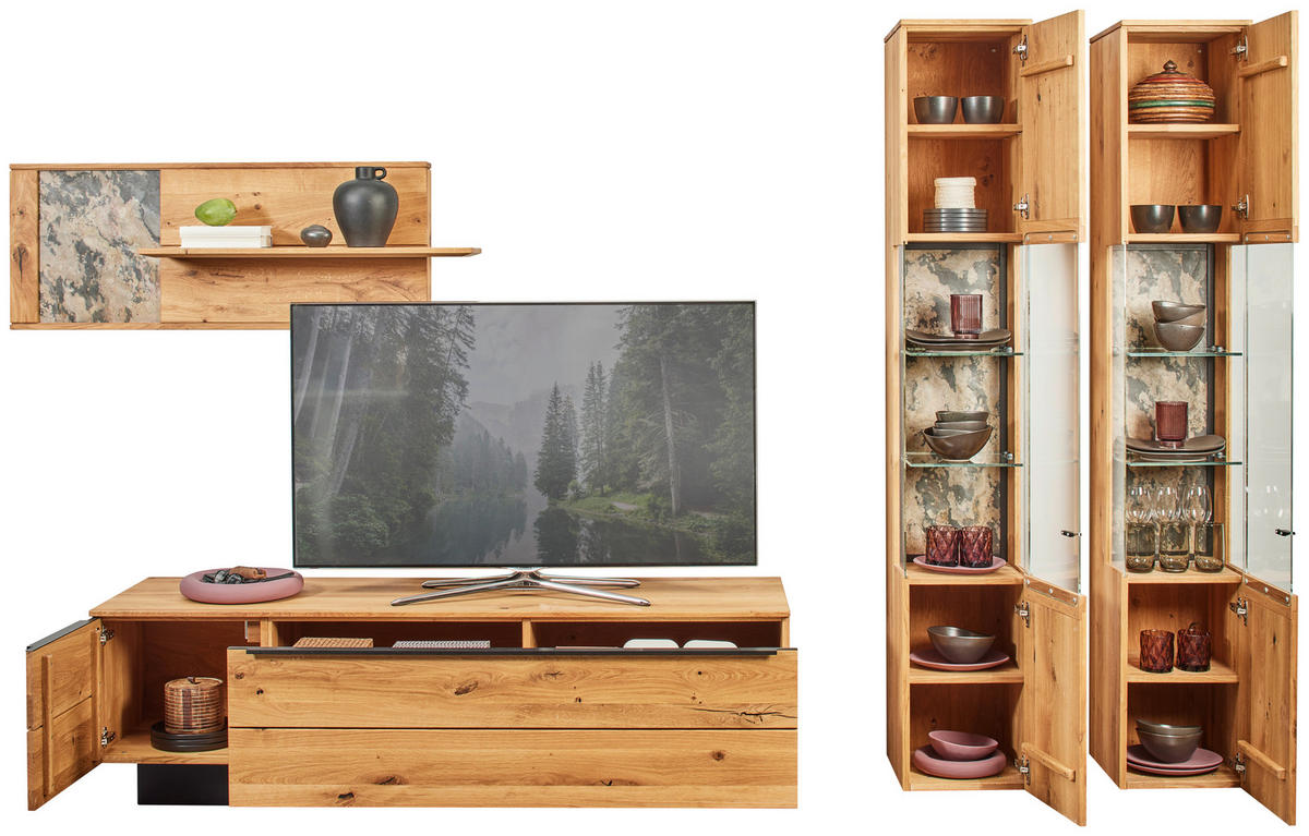WOHNWAND  in Eichefarben 298/205,7/53,7 cm  - Eichefarben/Schwarz, Natur, Glas/Holz (298/205,7/53,7cm) - Valnatura