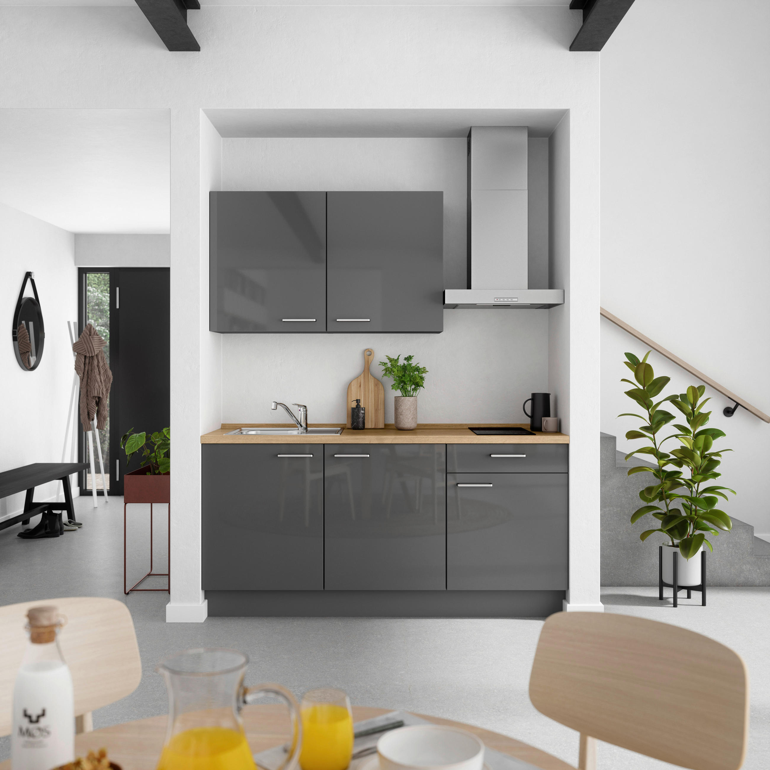 KÜCHENBLOCK Flash 180 cm  in Eichefarben, Schieferfarben  - Schieferfarben/Edelstahlfarben, MODERN, Holzwerkstoff/Metall (180cm) - Nobilia