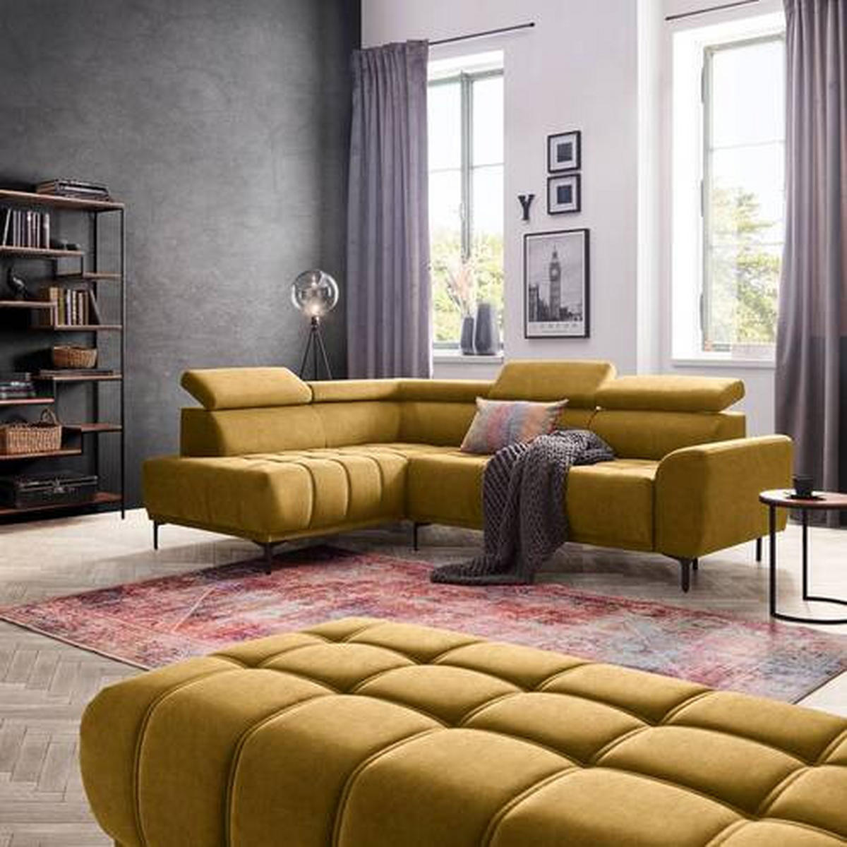ECKSOFA Gelb, Goldfarben Velours  - Gelb/Goldfarben, Design, Textil/Metall (191/261cm) - Stylife