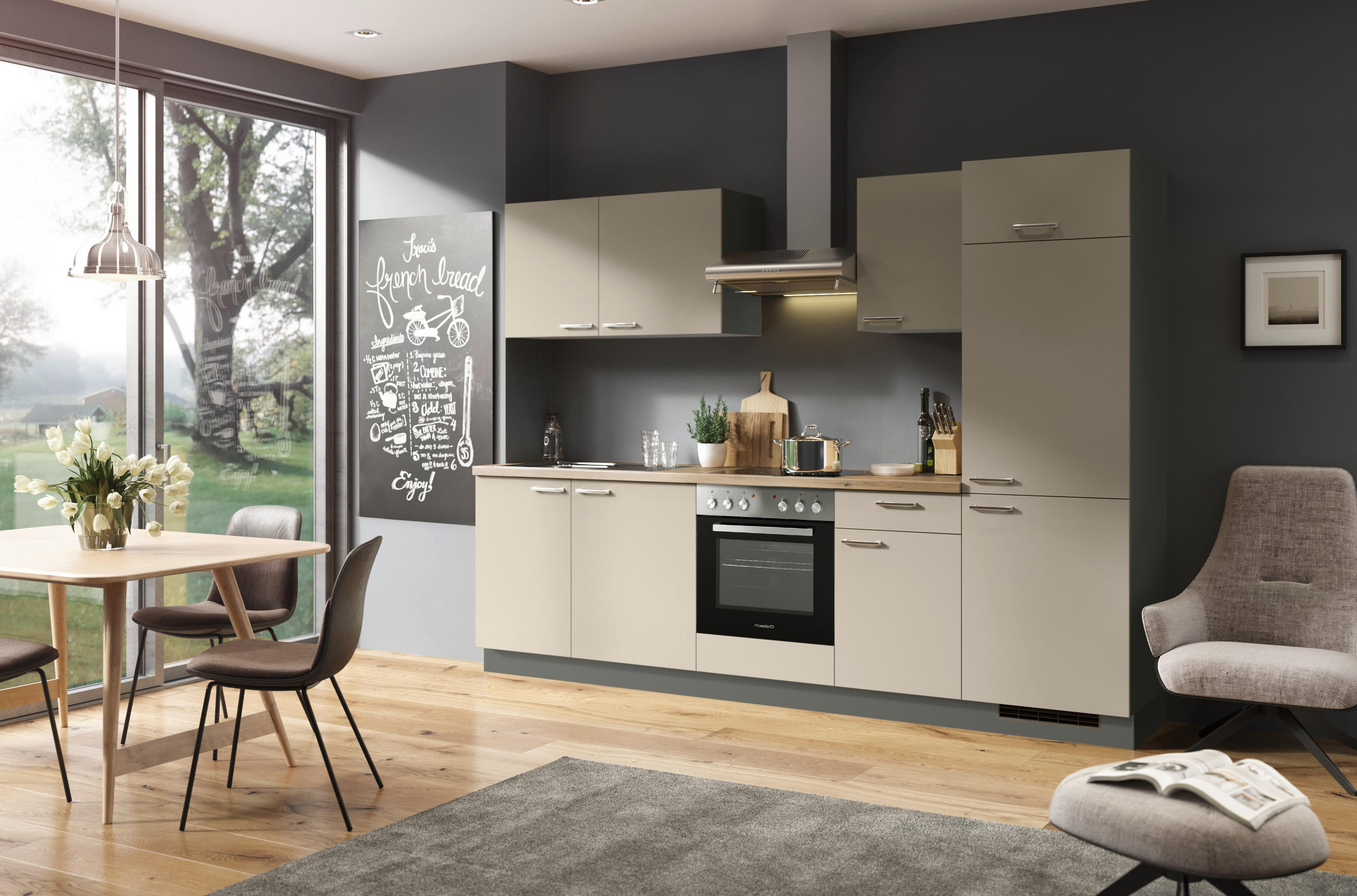 KÜCHENBLOCK 280 cm   in Creme, Anthrazit  - Edelstahlfarben/Anthrazit, Design, Holzwerkstoff/Metall (280cm) - Welnova