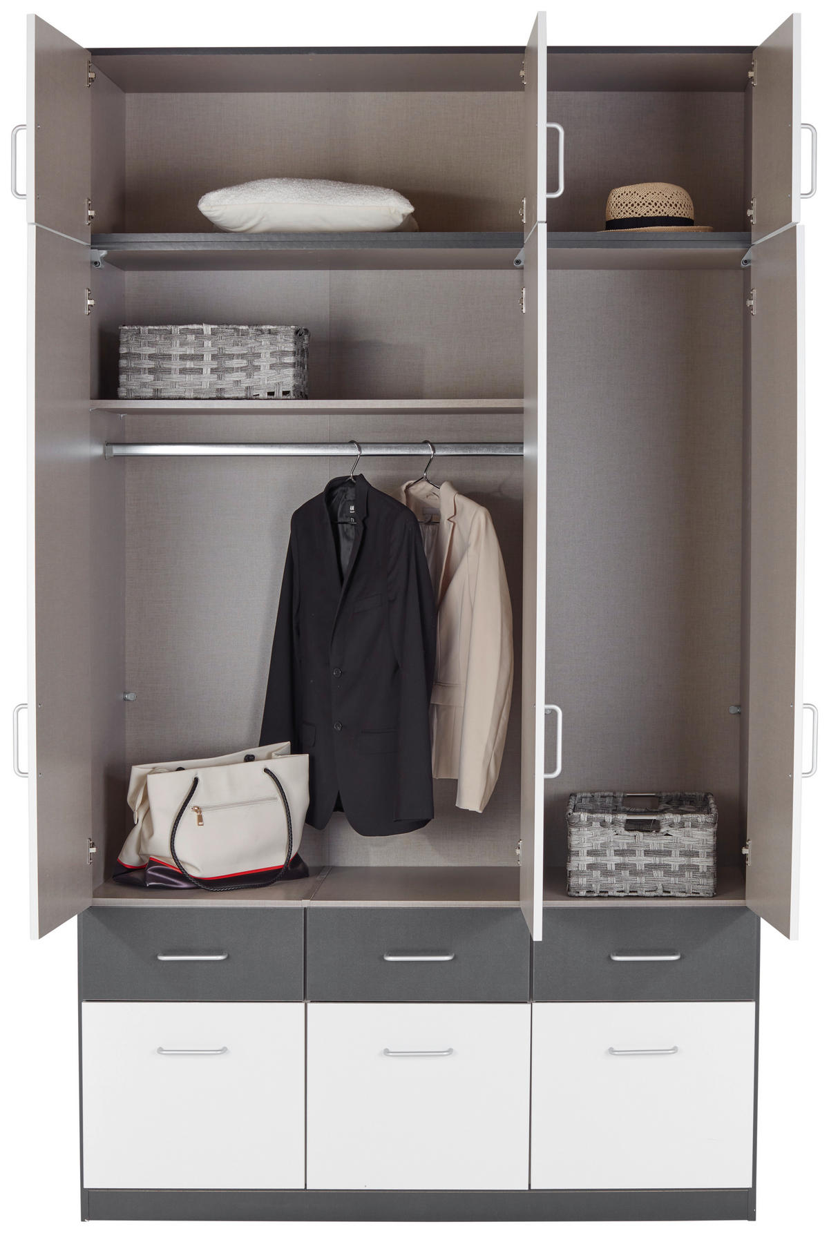 KLEIDERSCHRANK 136/197/54 cm 3-türig Grau, Weiß  - Alufarben/Weiß, KONVENTIONELL, Holzwerkstoff/Kunststoff (136/197/54cm) - Rauch Möbel