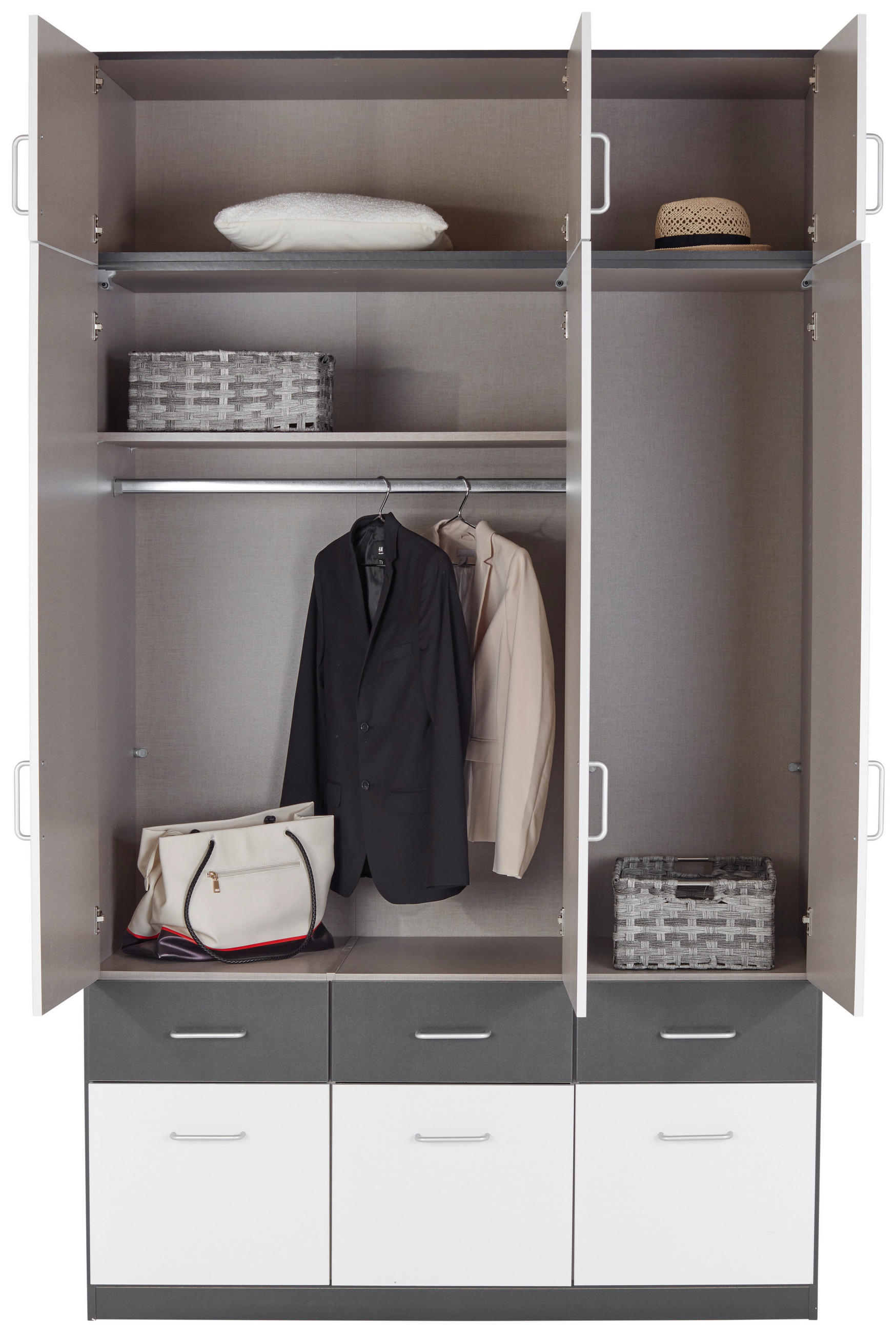Thumbnail - Rauch Möbel Kleiderschrank, Grau, Weiß, Kunststoff, 2 Fächer, 6 Schubladen, 136x197x54 cm, Blauer Engel, Goldenes M, Mad...