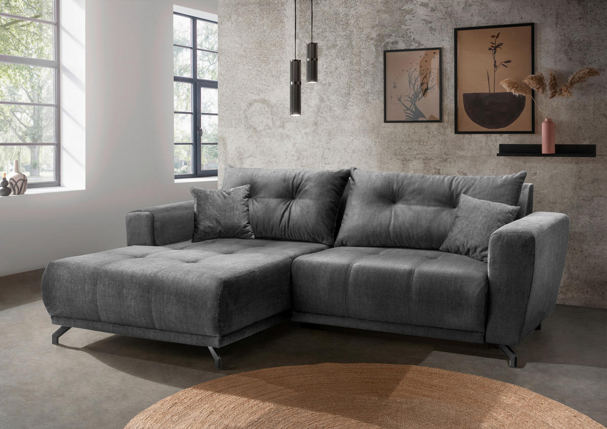 ECKSOFA in Velours Dunkelgrau  177/246 cm  - Dunkelgrau/Schwarz, MODERN, Textil/Metall (177/246cm) - MID.YOU