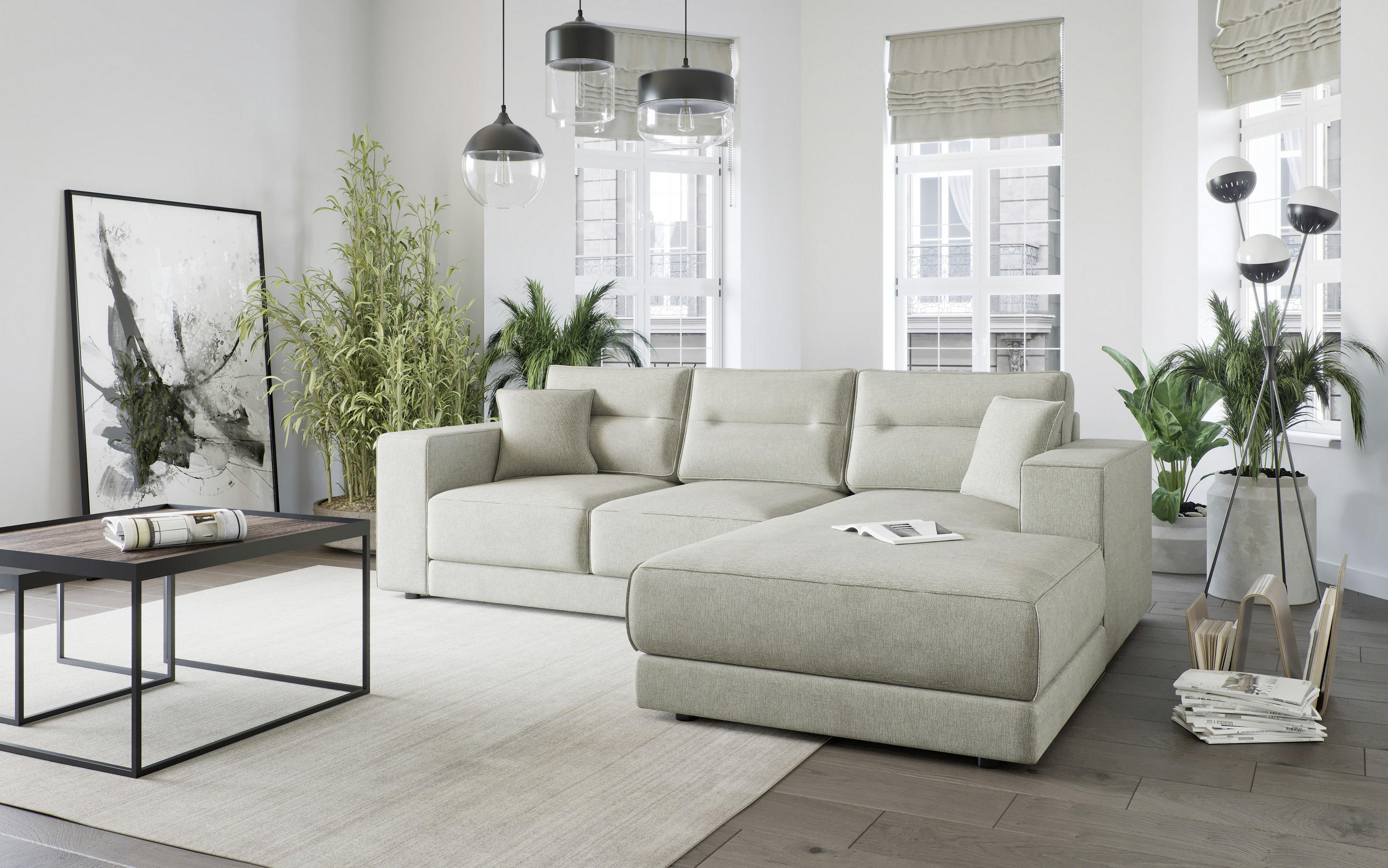 ECKSOFA Beige Flachgewebe  - Edelstahlfarben/Beige, Design, Kunststoff/Textil (272/195cm) - Livetastic