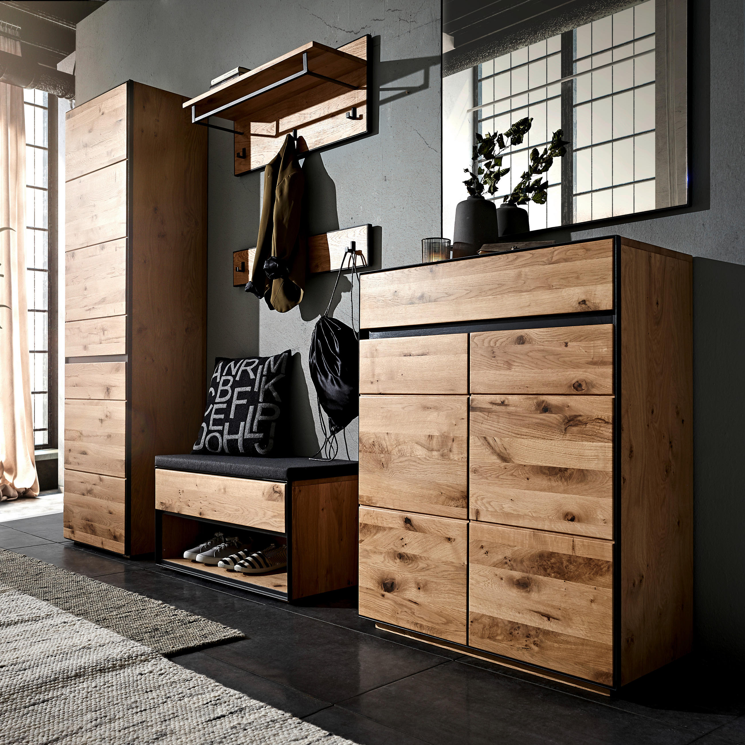 Thumbnail - Linea Natura Garderobenpaneel, Anthrazit, Eiche, Holz, Metall, Holzwerkstoff, Wildeiche, furniert, massiv, 85x30x28 cm, ...