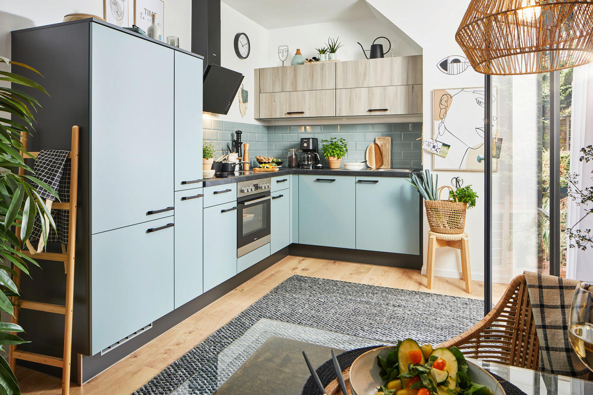 ECKKÜCHE 305/185 cm  in Eichefarben, Pastellblau  - Pastellblau/Eichefarben, Design, Holzwerkstoff/Metall (305/185cm) - Xora