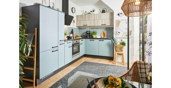 ECKKÜCHE 305/185 cm  in Eichefarben, Pastellblau  - Pastellblau/Eichefarben, Design, Holzwerkstoff/Metall (305/185cm) - Xora