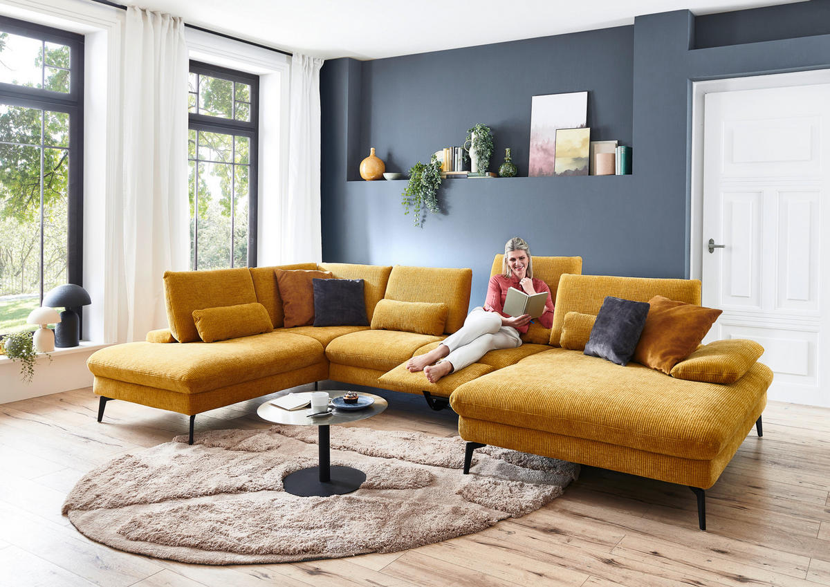 WOHNLANDSCHAFT in Webstoff Currygelb  - Currygelb/Schwarz, Design, Textil/Metall (208/354/157cm) - Dieter Knoll