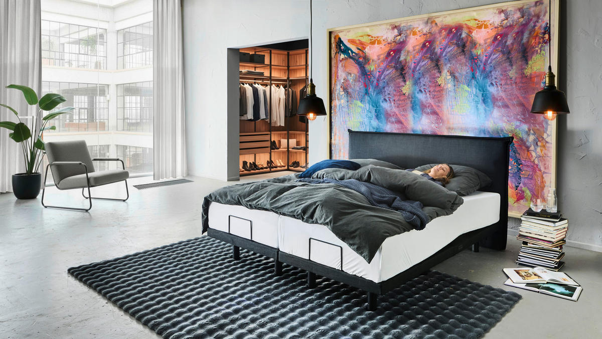 BOXBETT 180/200 cm,  in Graphitfarben, gepolstertes Kopfteil, Beleuchtung, Soundsystem, motorische Verstellbarkeit, Fernbedienung, Matratzen, Befestigungsmaterial, Unterbodenbeleuchtung, H3 = fest  - Schwarz/Graphitfarben, Design, Textil/Metall (180/200cm) - Chameo