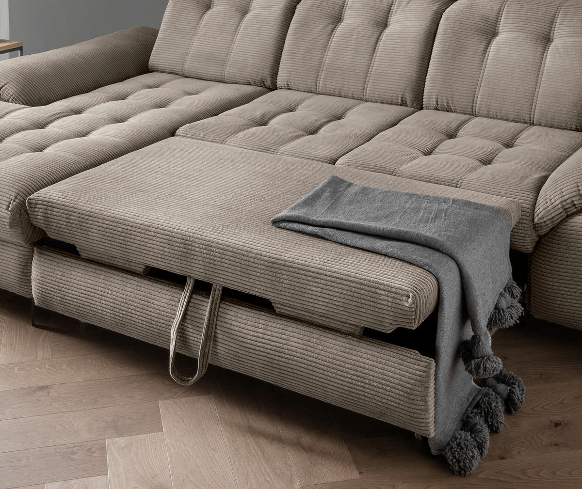 ECKSCHLAFSOFA  mit seitenverkehrt erhältlich, Rücken echt, Armteil links, Armteil rechts Cord Graubraun  - Graubraun/Schwarz, MODERN, Textil/Metall (189/273cm) - Livetastic