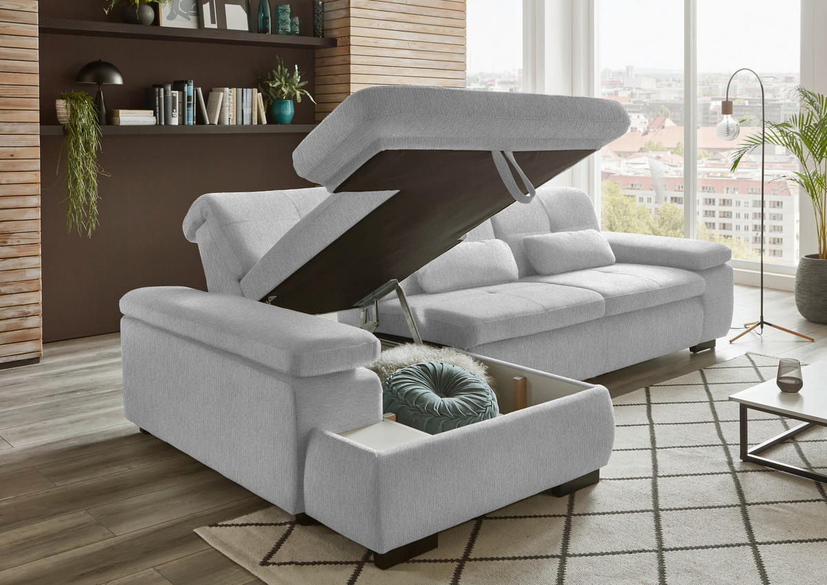 ECKSOFA in Flachgewebe Ecru  - Ecru/Schwarz, Design, Textil/Metall (174/297cm) - Beldomo Style