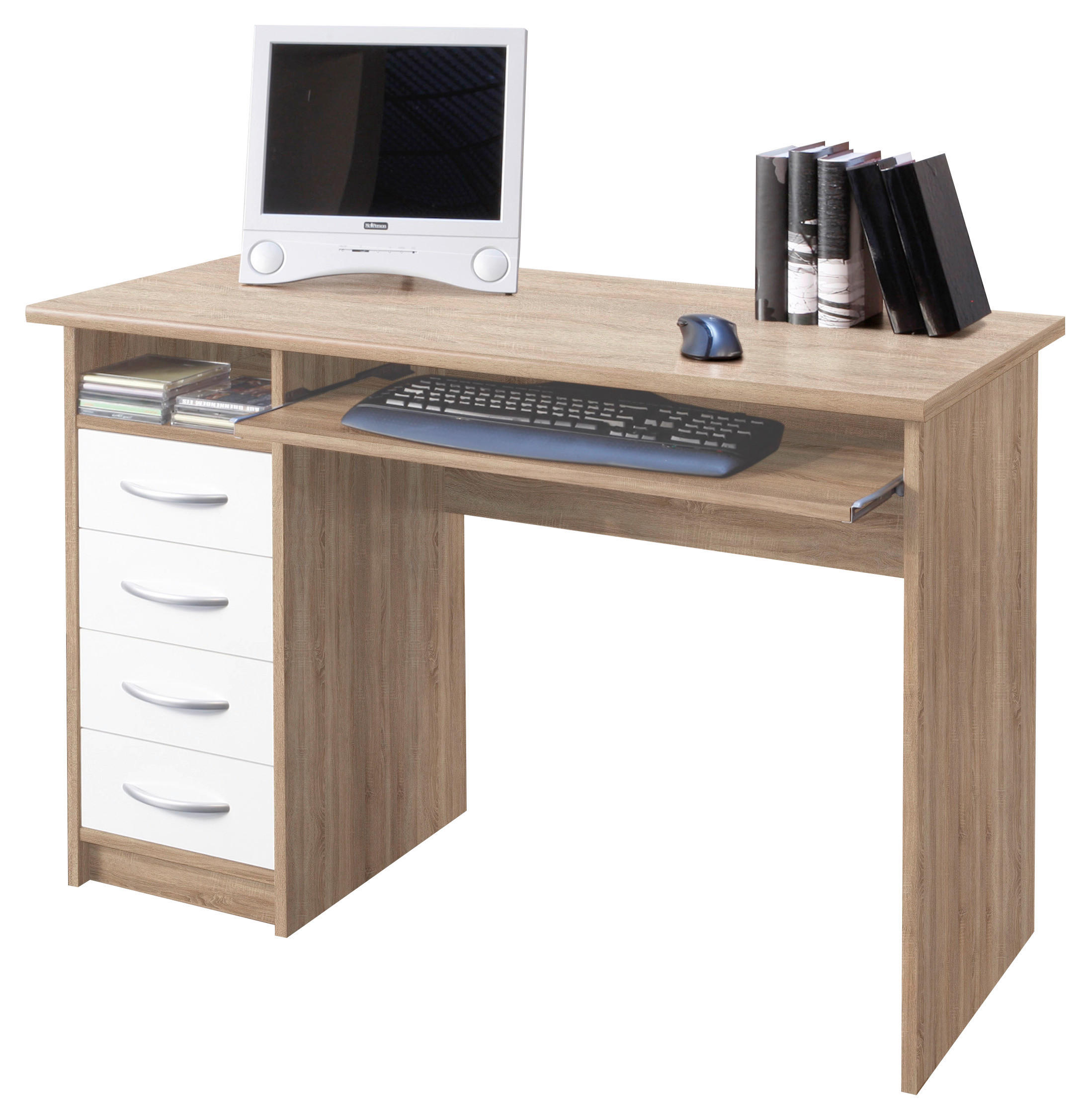 PC STÔL, biela, dub sonoma, 110/75/55 cm - biela/strieborná, Design, kompozitné drevo/plast (110/75/55cm) - Livetastic