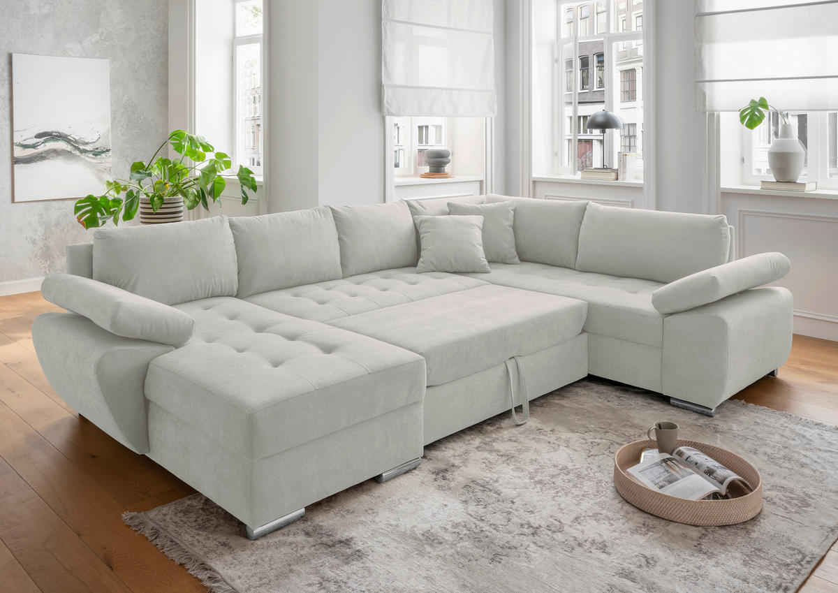 WOHNLANDSCHAFT in Mikrofaser Beige  - Chromfarben/Beige, KONVENTIONELL, Textil/Metall (157/305/219cm) - Livetastic