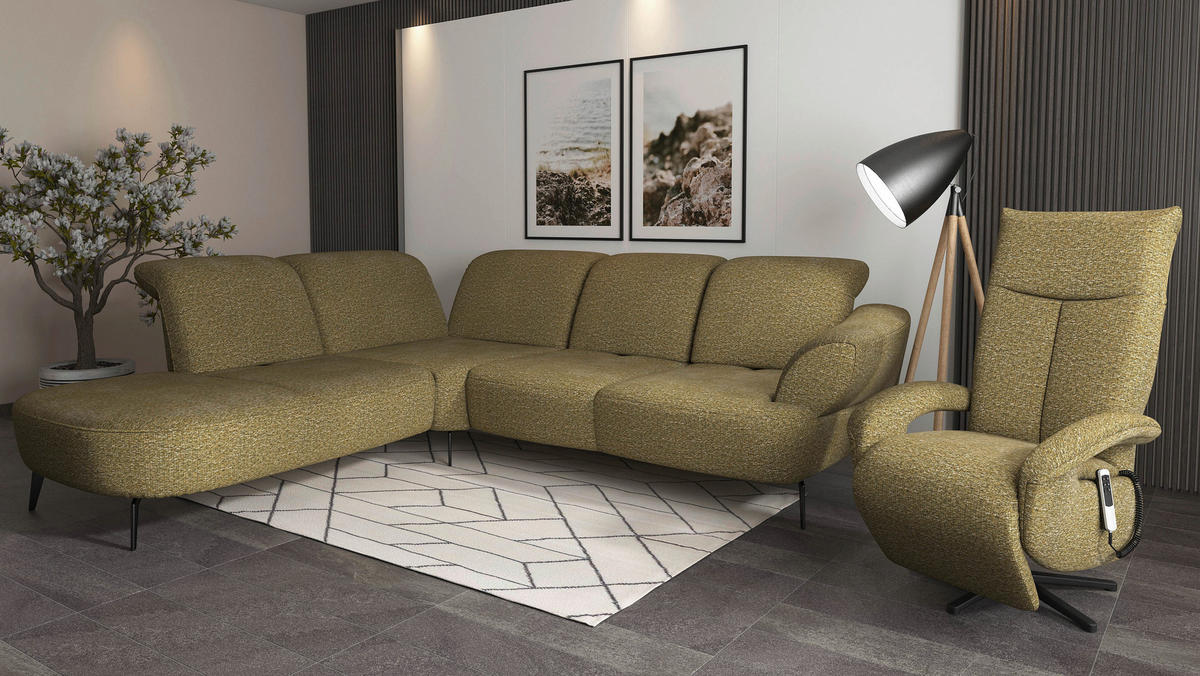 ECKSOFA DANCE E Olivgrün Chenille  - Schwarz/Olivgrün, MODERN, Textil/Metall (270/302cm) - Sit & More
