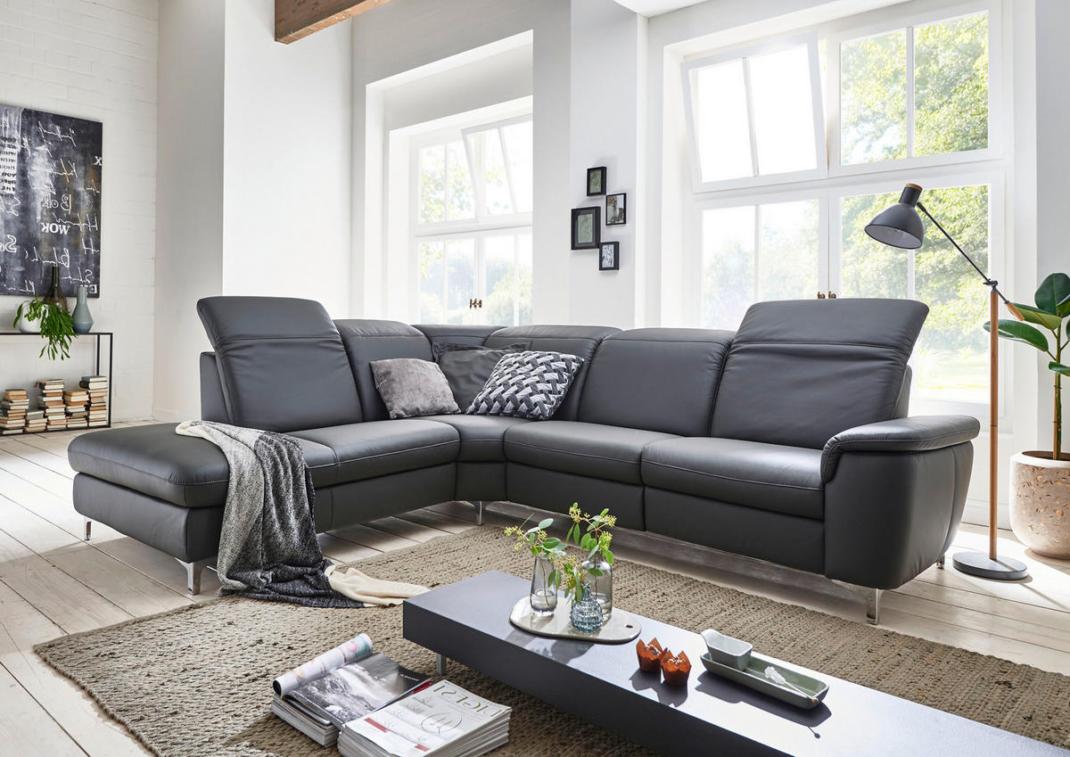 ECKSOFA Anthrazit Echtleder  - Chromfarben/Anthrazit, KONVENTIONELL, Leder/Metall (242/289cm) - Cantus