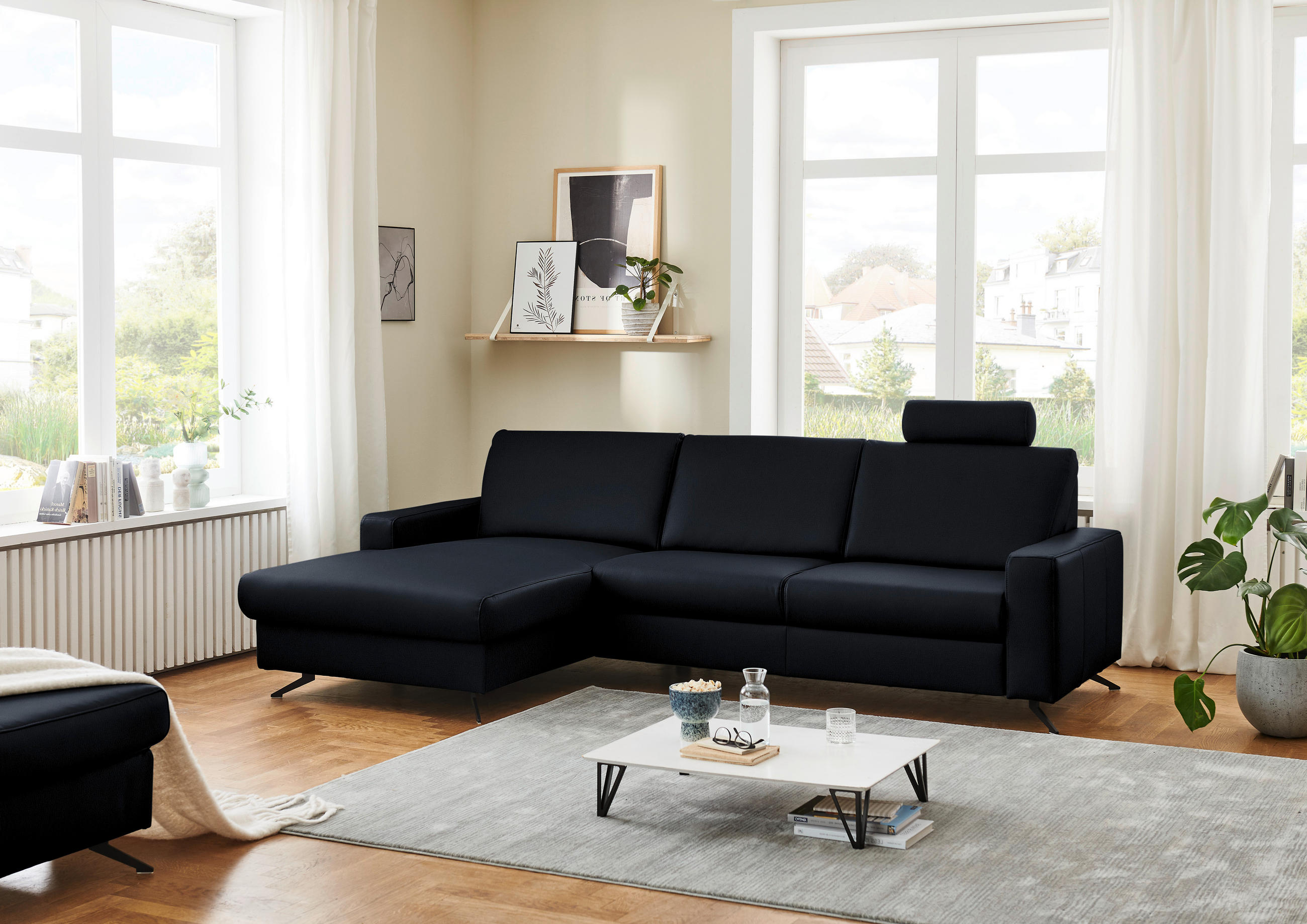 ECKSOFA in Echtleder Dunkelblau  165/267 cm  - Schwarz/Dunkelblau, Design, Leder/Metall (165/267cm) - Lomoco
