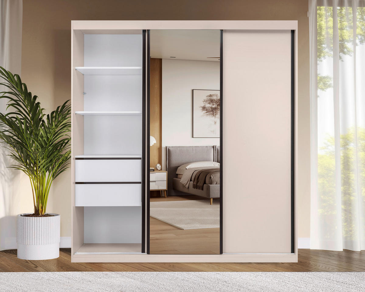 SCHIEBETÜRENSCHRANK 200/215/59,5 cm 3-türig  - Kaschmir/Schwarz, MODERN, Holzwerkstoff/Metall (200/215/59,5cm) - MID.YOU