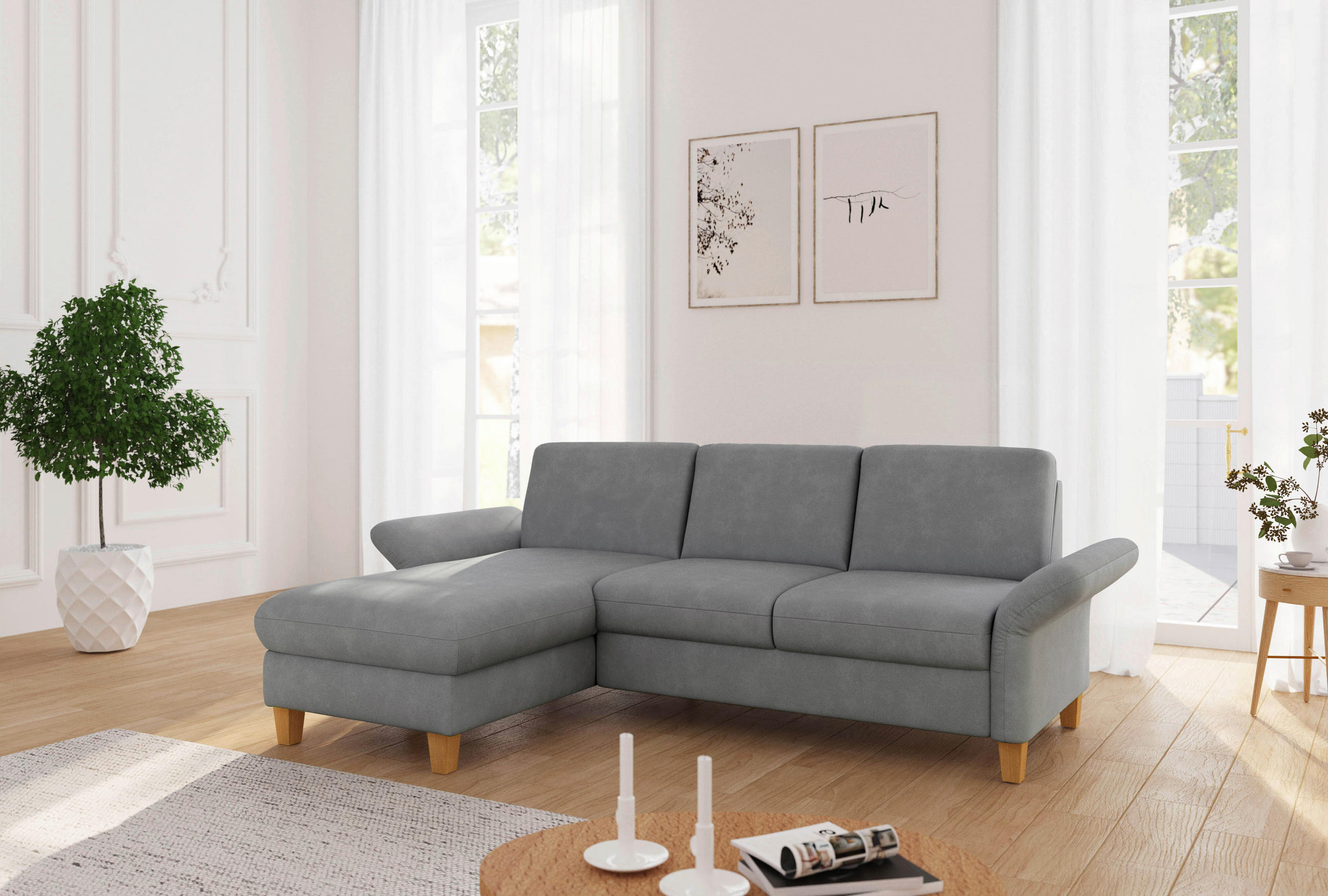 ECKSOFA Flachgewebe Grau  - Eichefarben/Grau, Konventionell, Holz/Textil (164/251cm) - Sit & More