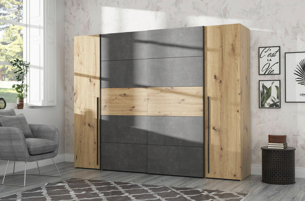 KLEIDERSCHRANK 270/210/61 cm 4-türig Eichefarben, Dunkelgrau  - Dunkelgrau/Eichefarben, MODERN, Holzwerkstoff/Kunststoff (270/210/61cm) - MID.YOU
