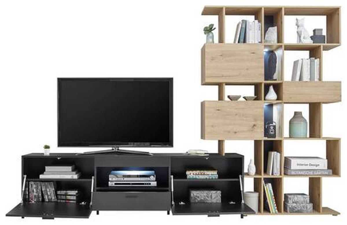 REGAL ZA DNEVNI BORAVAK crna, boja hrasta   - boja hrasta/crna, Moderno, pločasti materijal/plastika (290/195/40cm)