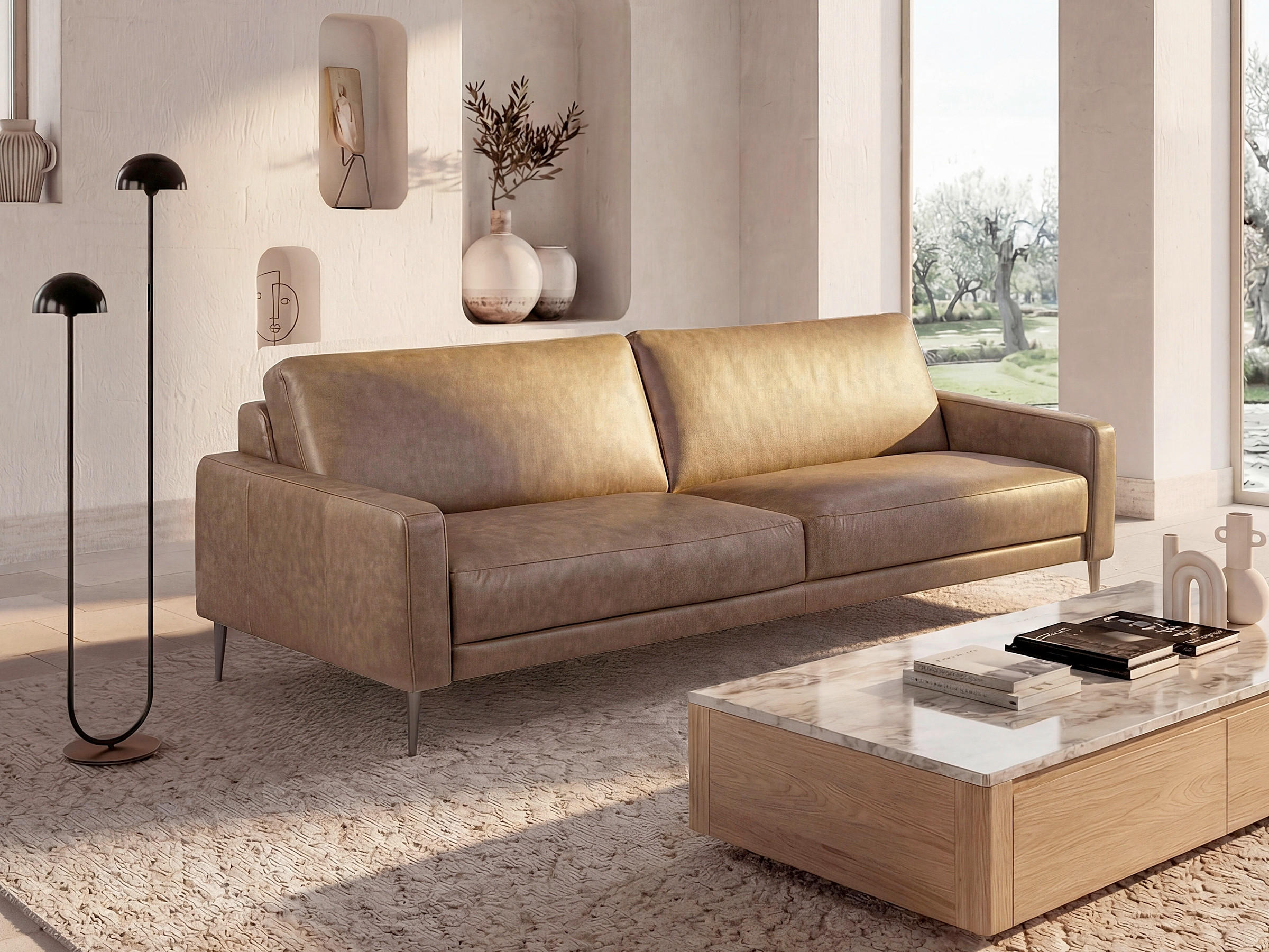 3-SITZER-SOFA SPRING in Lederlook Echtleder Hellbraun  - Hellbraun/Schwarzchrom, Design, Leder/Textil (187/85/92cm) - Livetastic