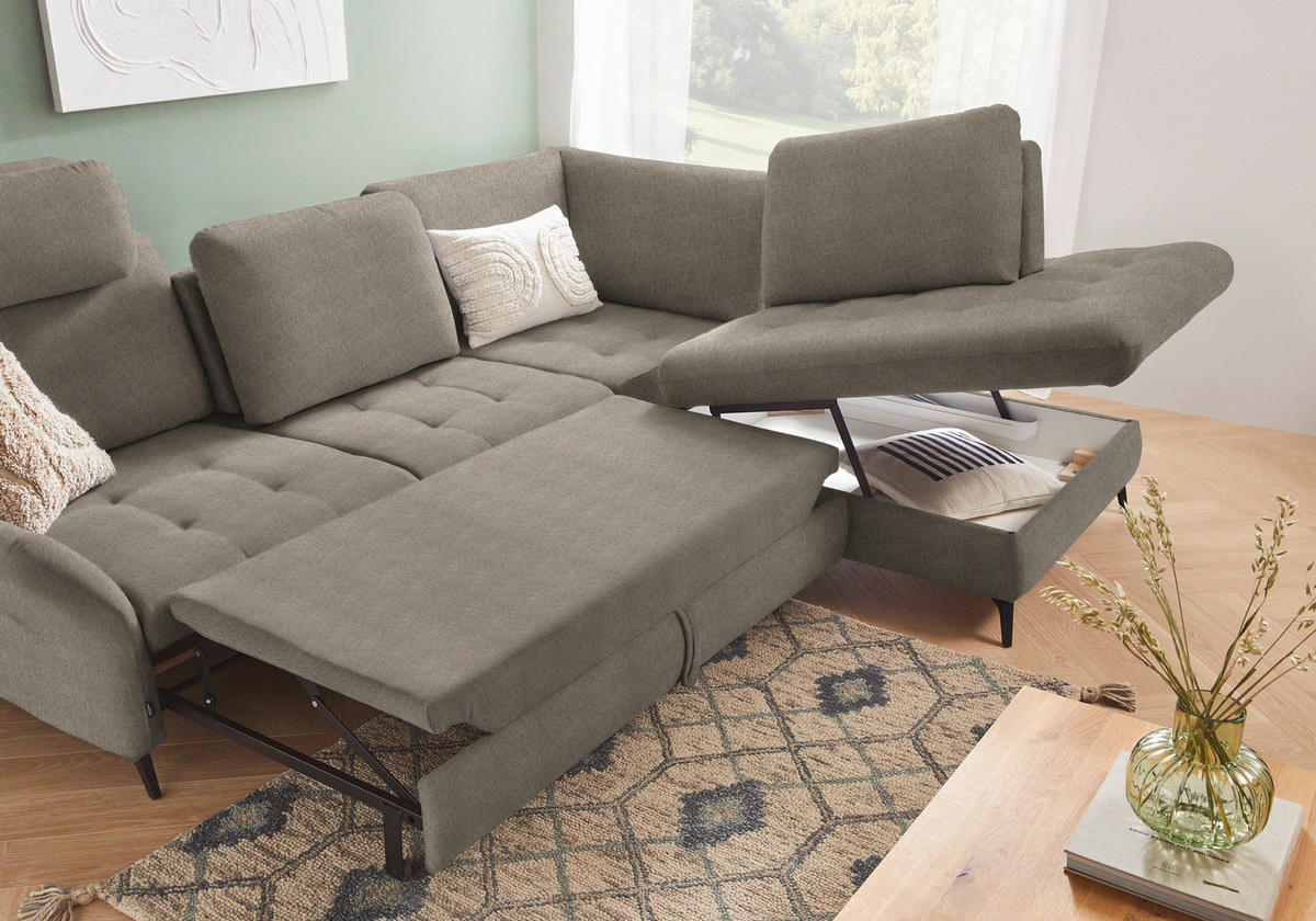ECKSOFA Greige Chenille  - Greige/Schwarz, Natur, Textil/Metall (288/233cm) - Valnatura