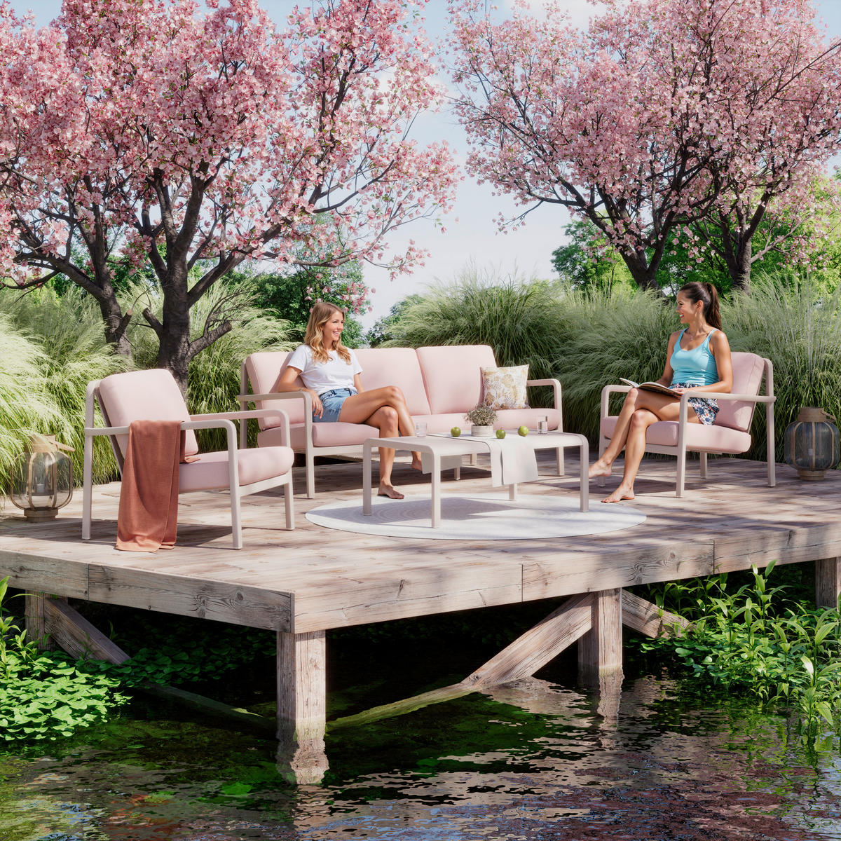 GARTENSET 4-teilig Webstoff Aluminium 4-teilig  - Beige/Rosa, MODERN, Textil/Metall - Amatio