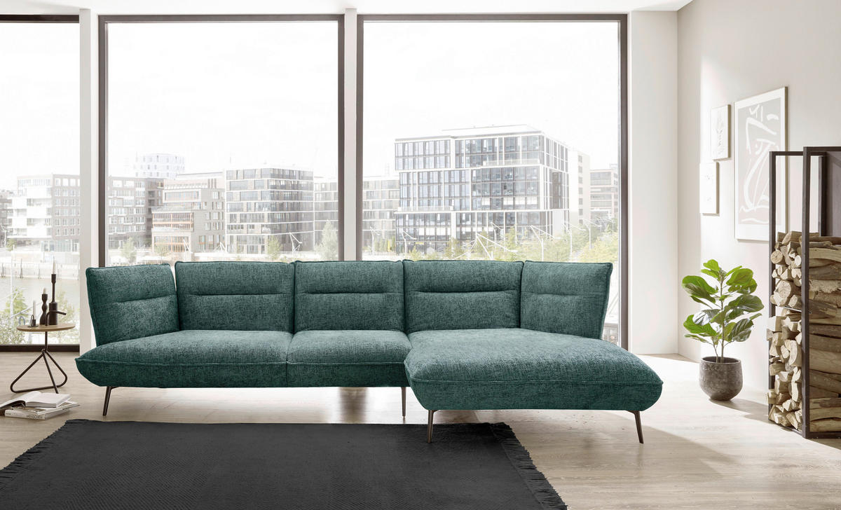 ECKSOFA in Flachgewebe Blau, Grün  - Blau/Schwarz, Design, Textil/Metall (339/153cm) - Moderano