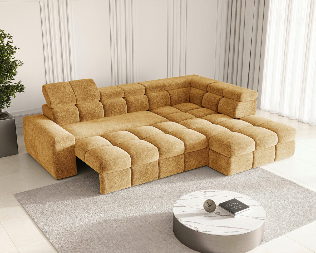 ECKSOFA  in Chenille Goldfarben  - Goldfarben/Schwarz, MODERN, Kunststoff/Textil (292/204cm) - Milino