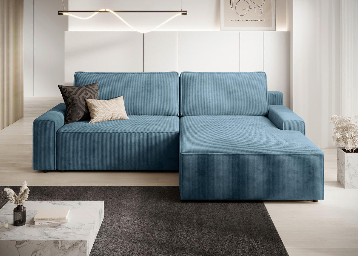 ECKSCHLAFSOFA CHALLANGE  mit Schlafen auf Sitzhöhe, Rücken echt, Armteil links, Armteil rechts Cord Blaugrau  - Blaugrau/Schwarz, MODERN, Kunststoff/Textil (246/168cm) - Trendmanufaktur
