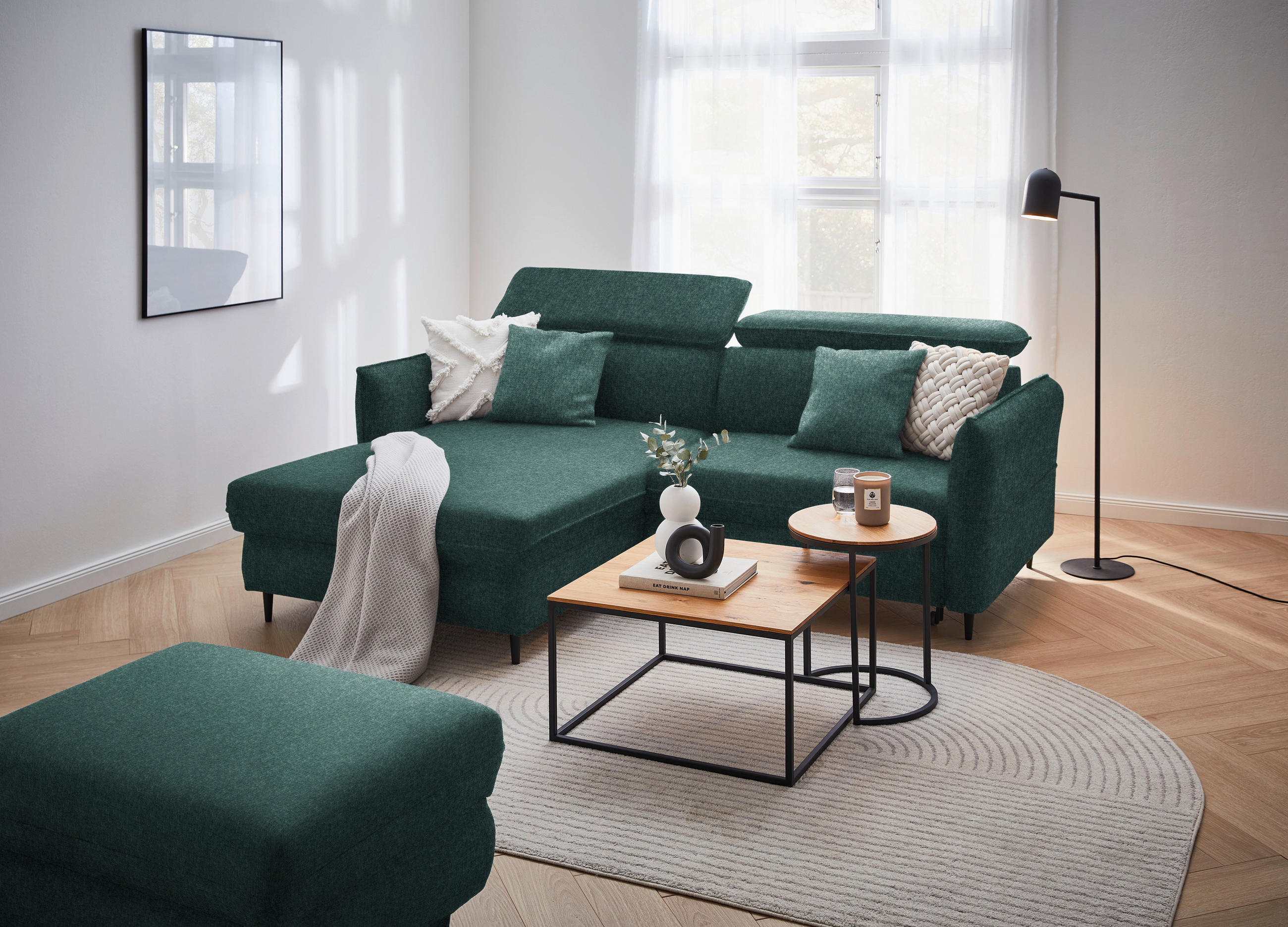 ECKSOFA in Samt Dunkelgrün  - Dunkelgrün/Schwarz, Design, Holz/Textil (185/232cm) - Stylife